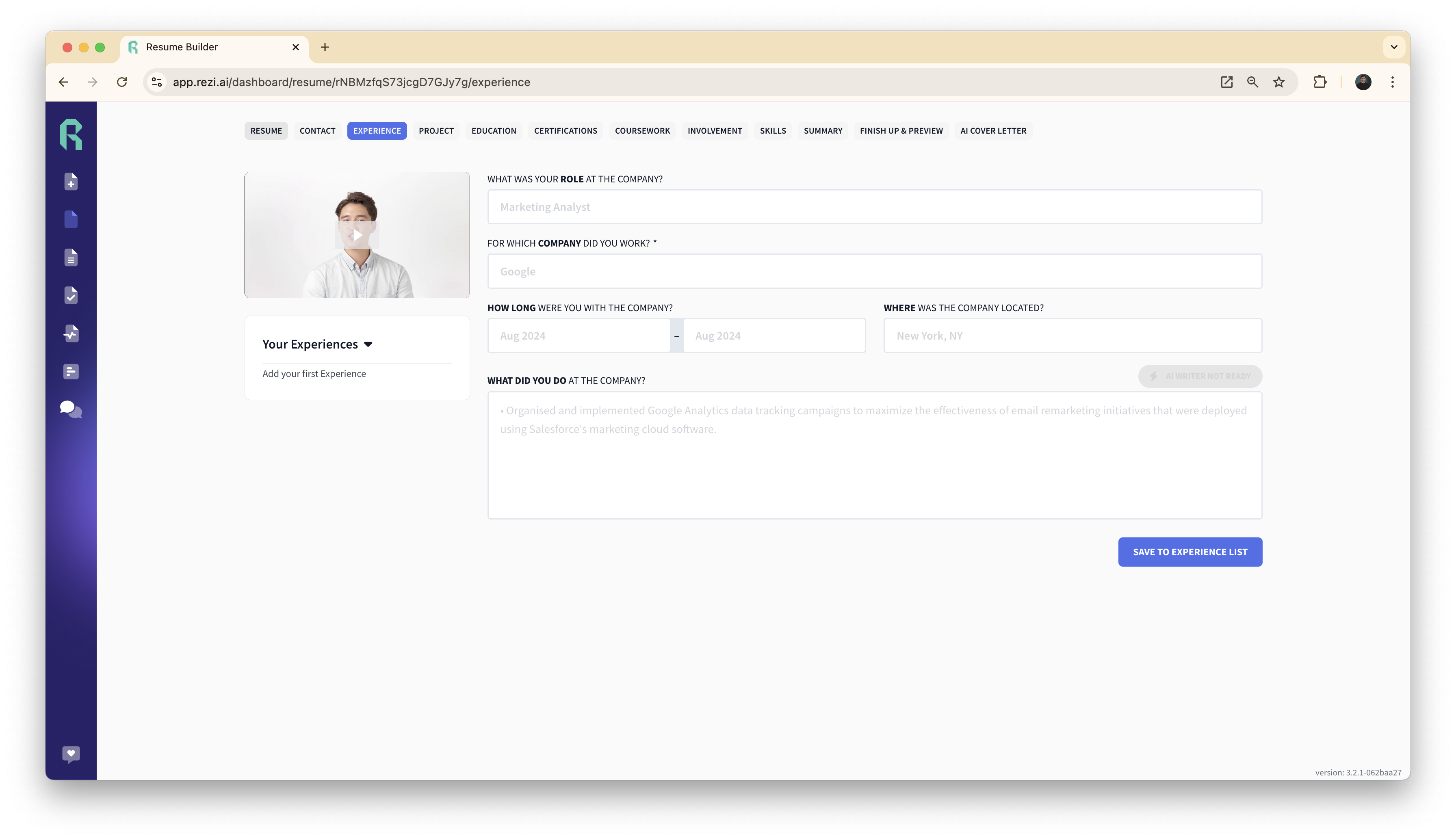 The work experience section outline in Rezi's resume builder
