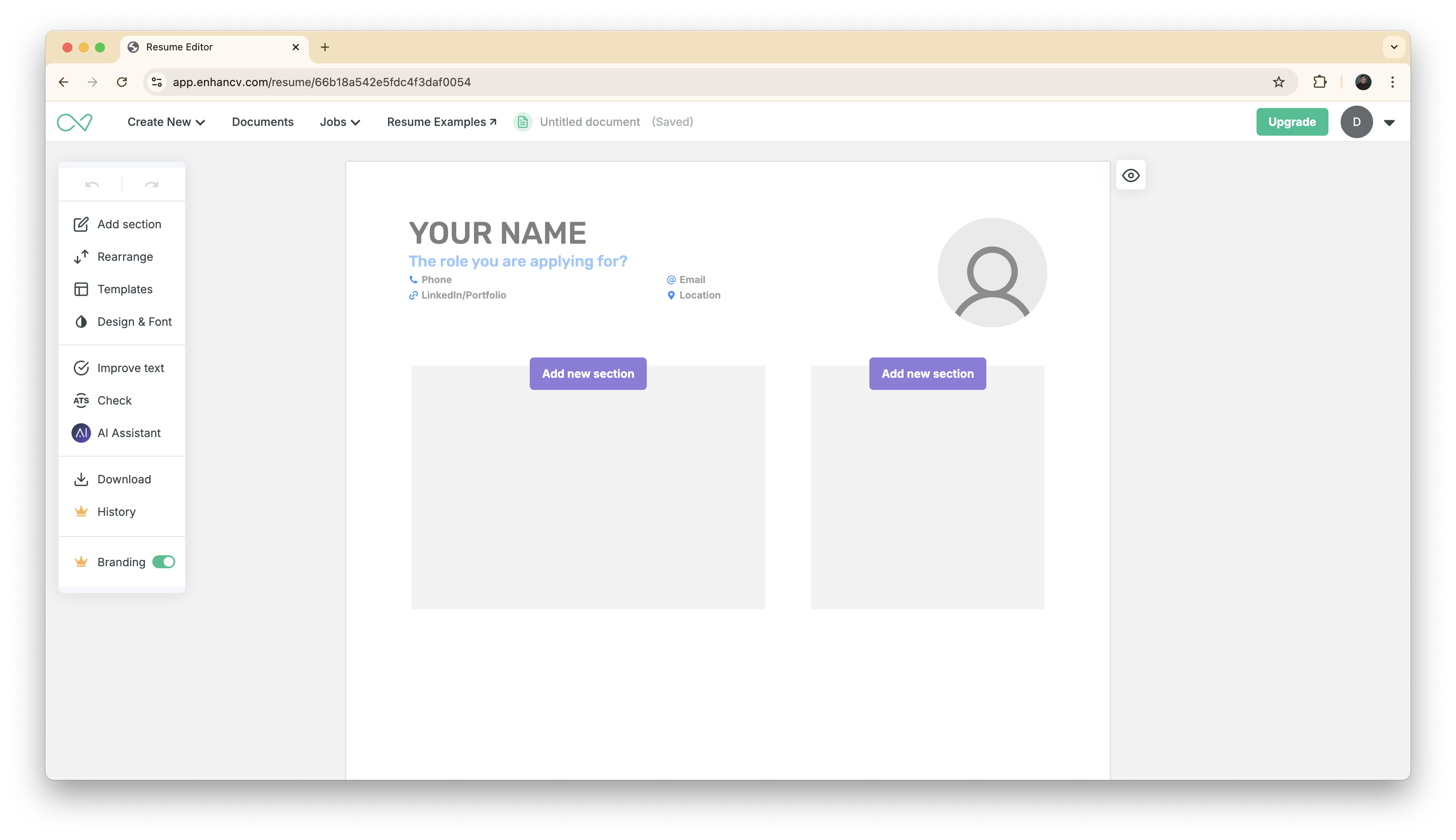 Building a resume using Enhancv's resume builder