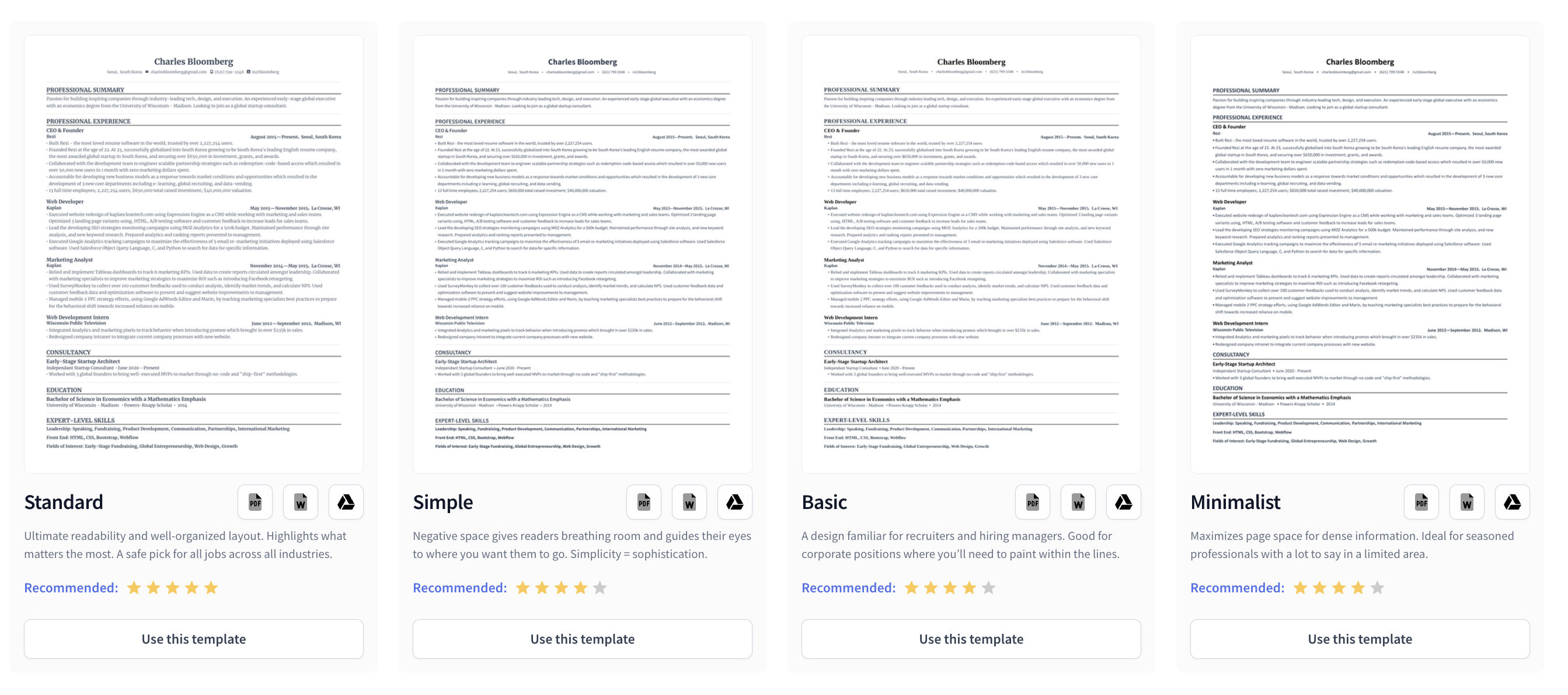 Rezi's resume templates: standard, simple, basic, and minimalist