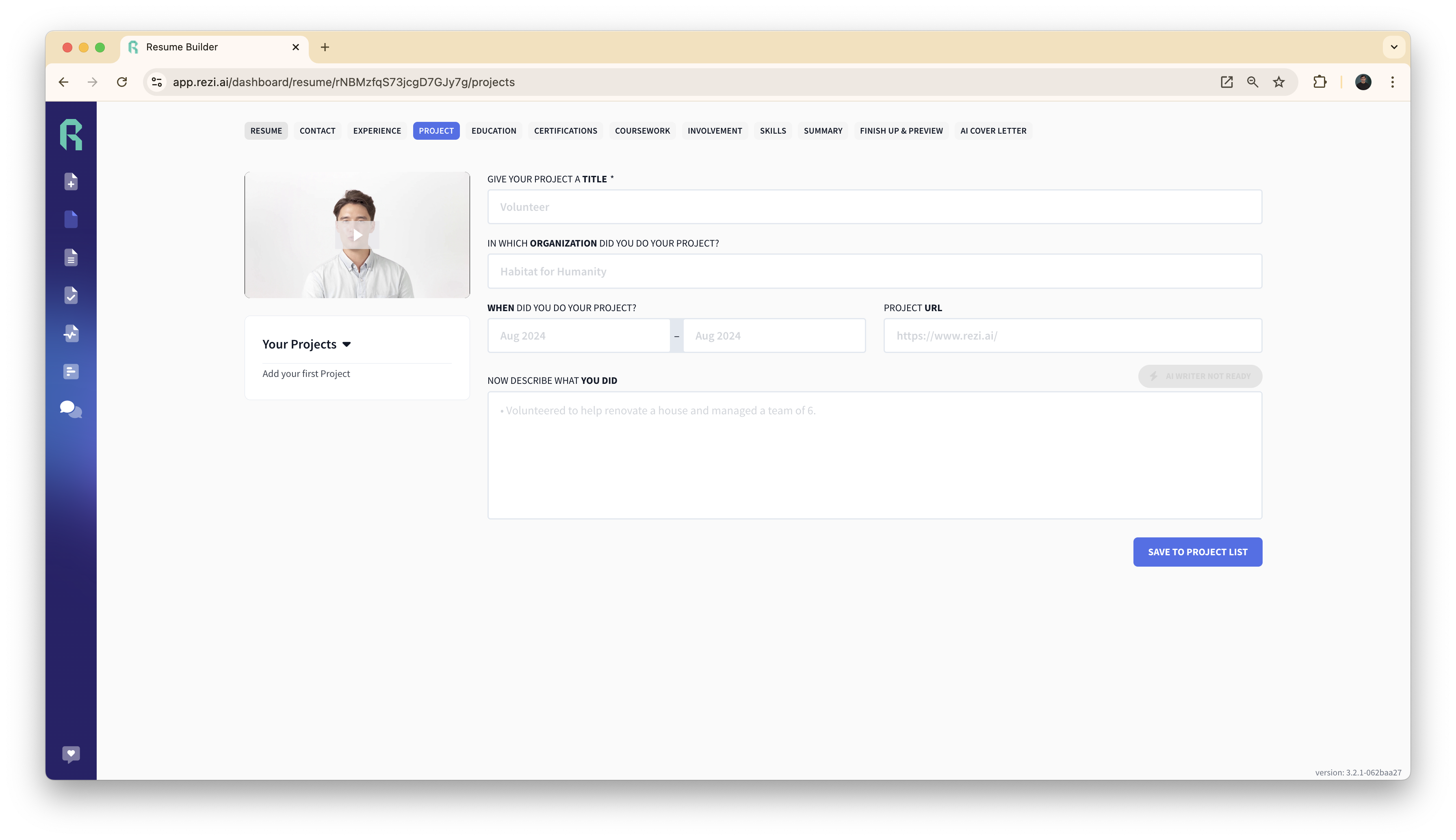 The project section outline in Rezi's resume builder