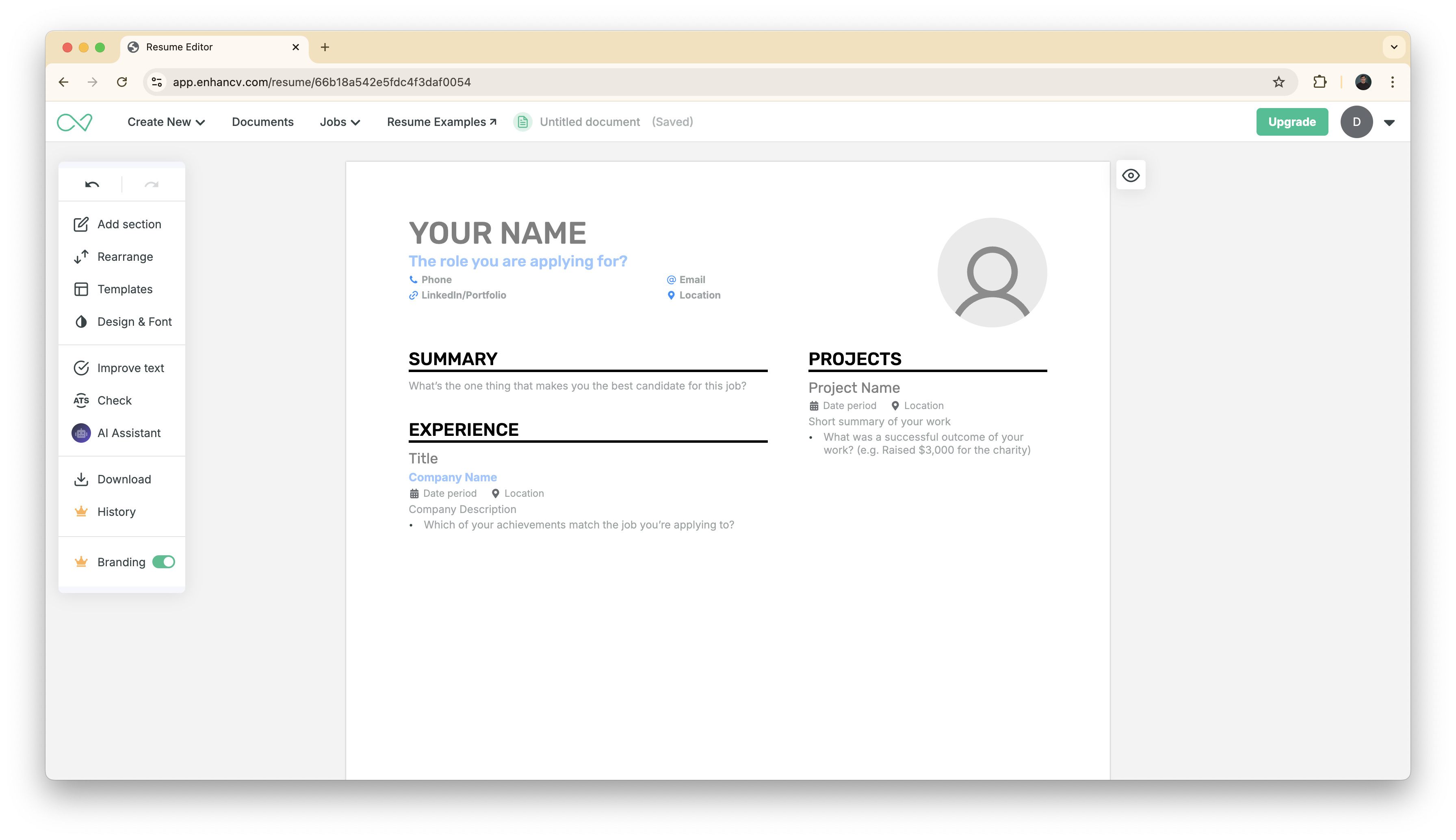 Building a resume using Enhancv's resume builder