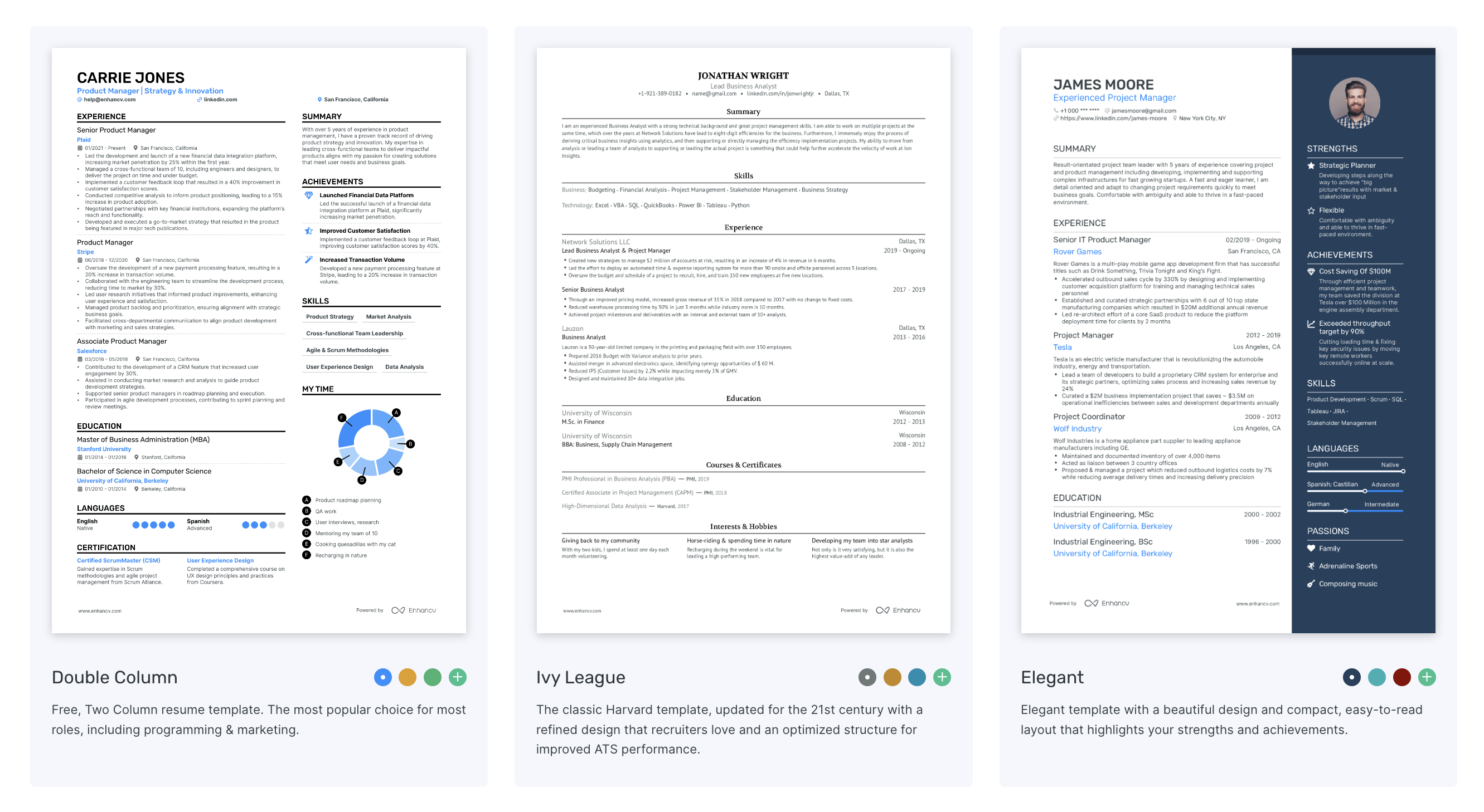 Enhancv's resume templates: double column, ivy league, and elegant