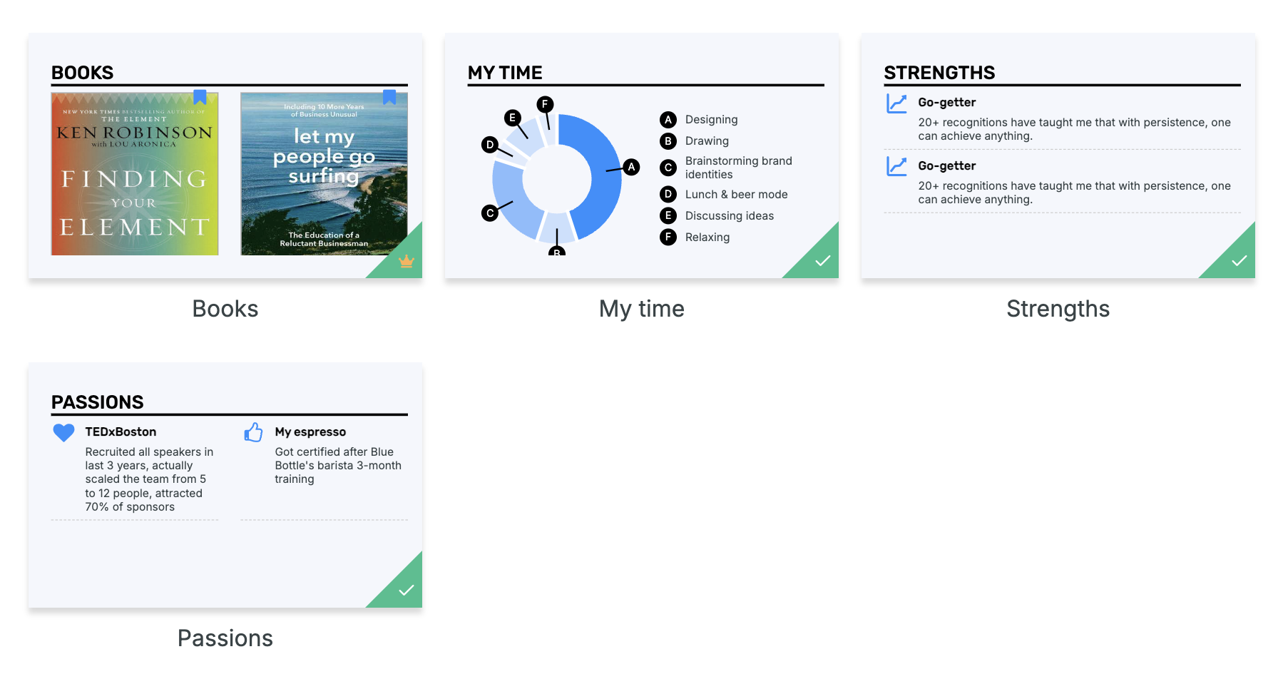 Enhancv resume sections: my time, books, my life philosophy, strengths, and custom
