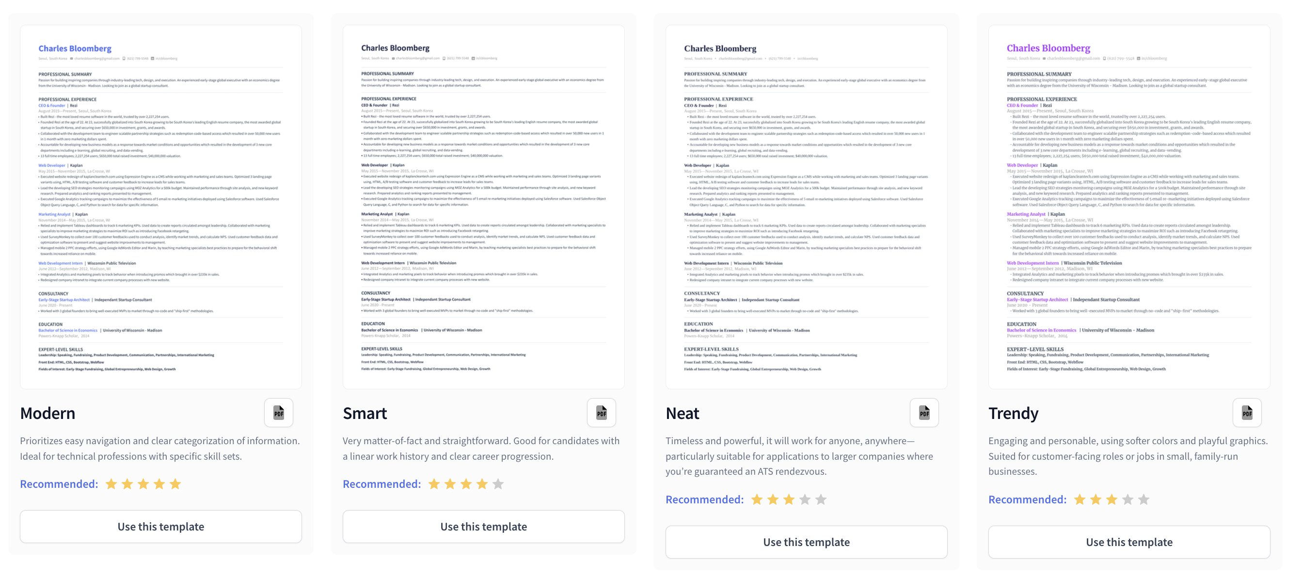 Rezi's resume templates: modern, smart, neat, Trendy