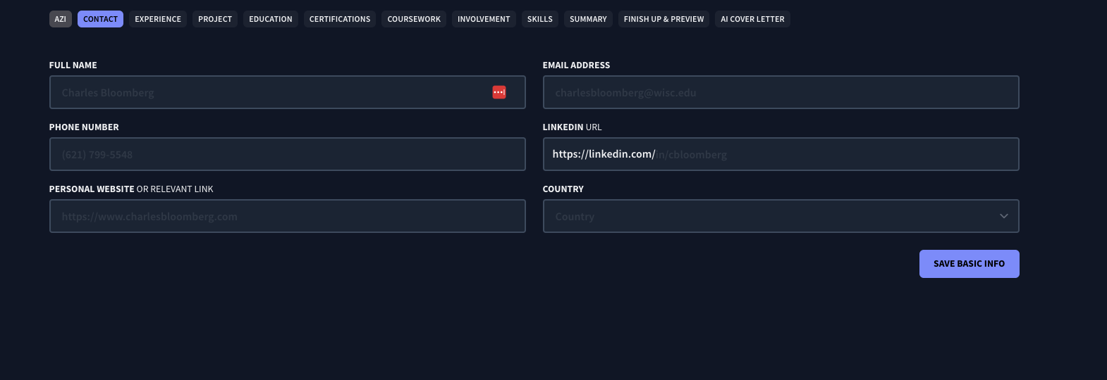 Example of the contact section tab inside Rezi's resume builder
