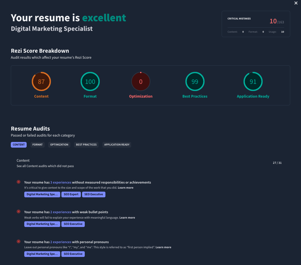 Example of the Rezi resume score feature