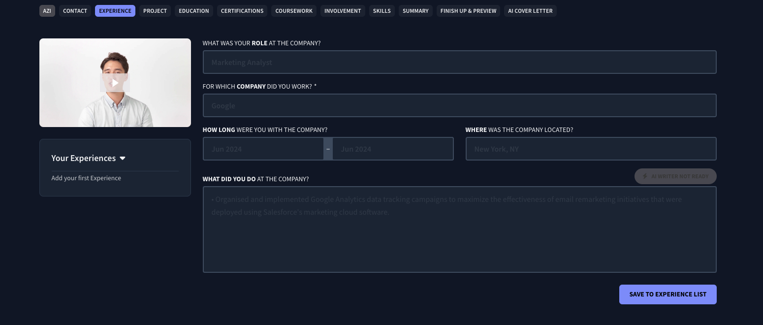 Example of the work experience section tab inside Rezi's resume builder