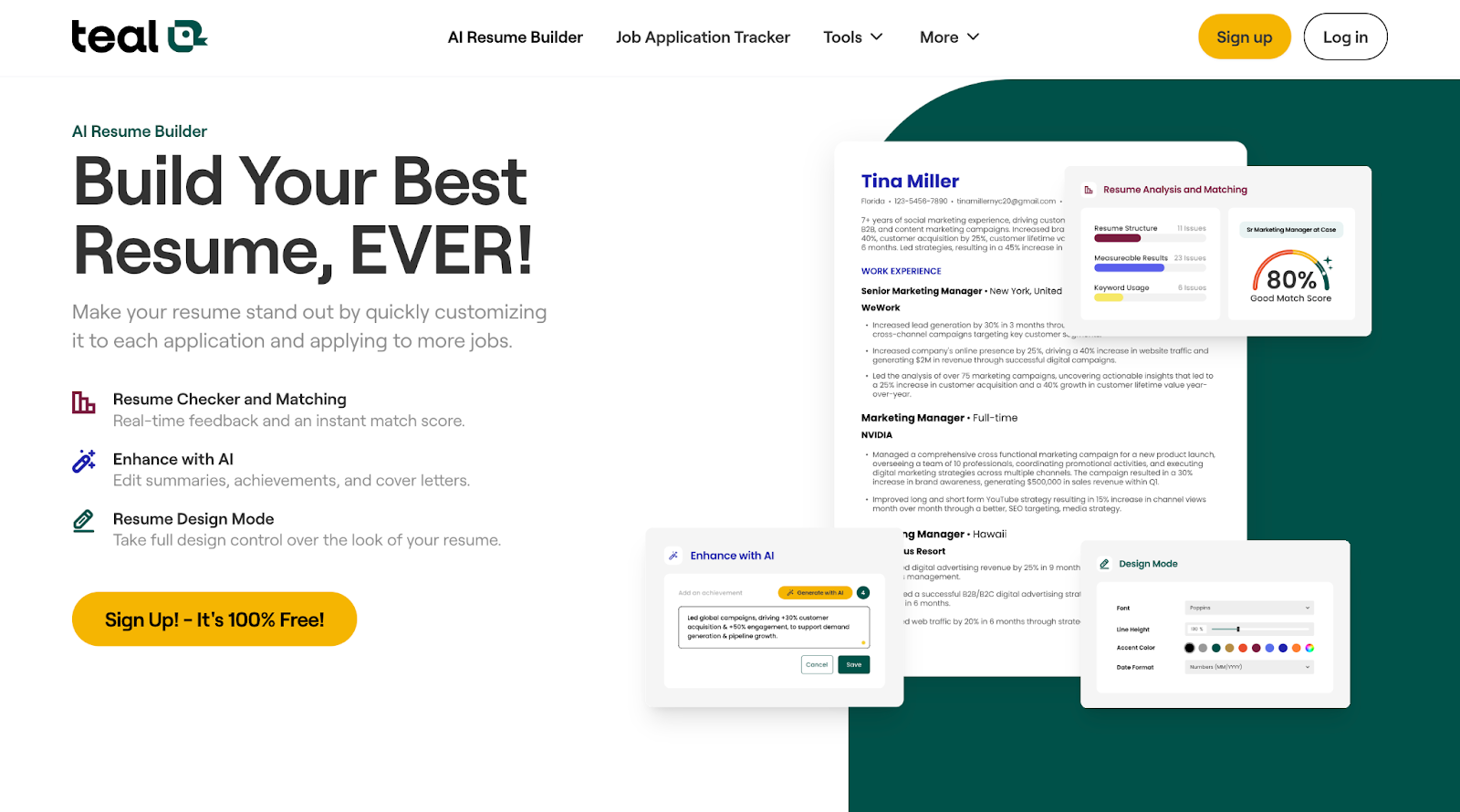 Teal resume builder website page