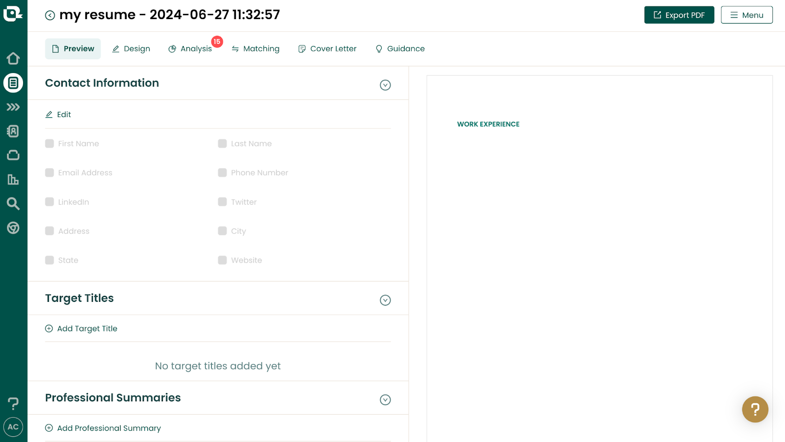 The contacts section inside Teal's resume builder