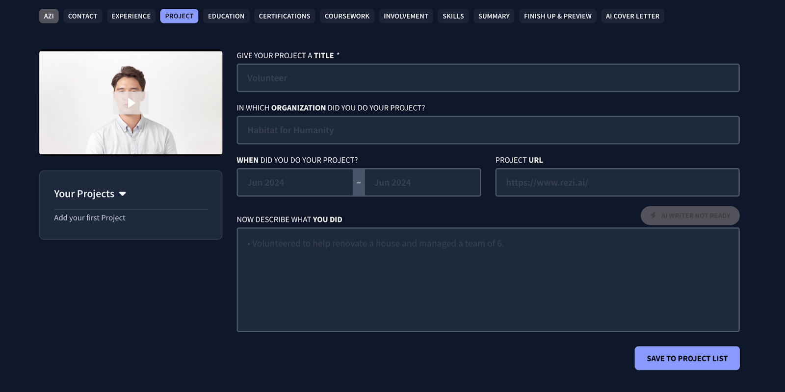 Example of the projects section tab inside Rezi's resume builder