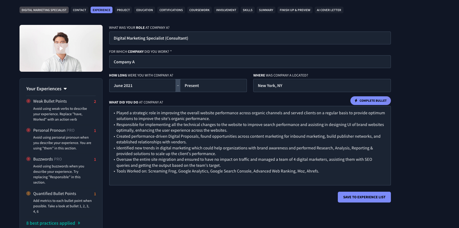 Example of Rezi AI Real-Time Content Analysis feature for the work experience section