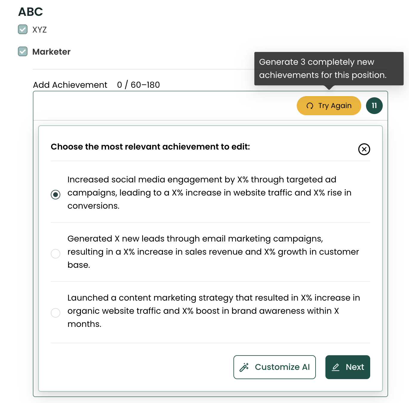 Example of using Teal's resume bullet point generator
