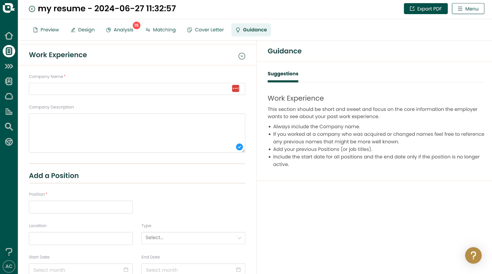 The work experience section inside Teal's resume builder