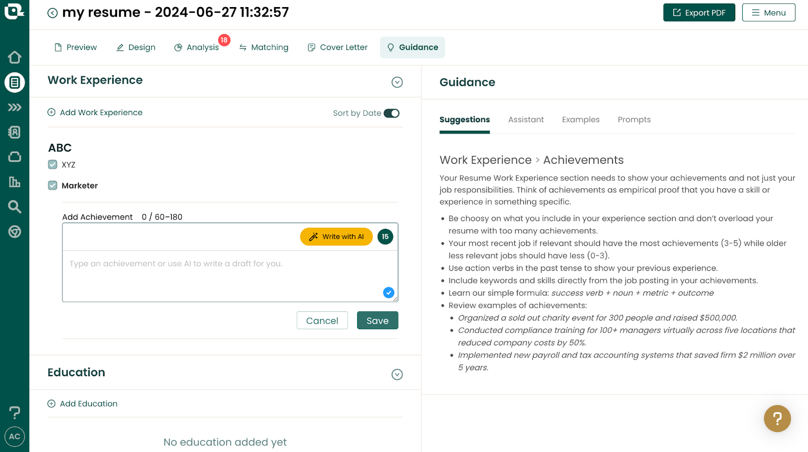 Inside Teal's resume builder showcasing guidance for the work experience section