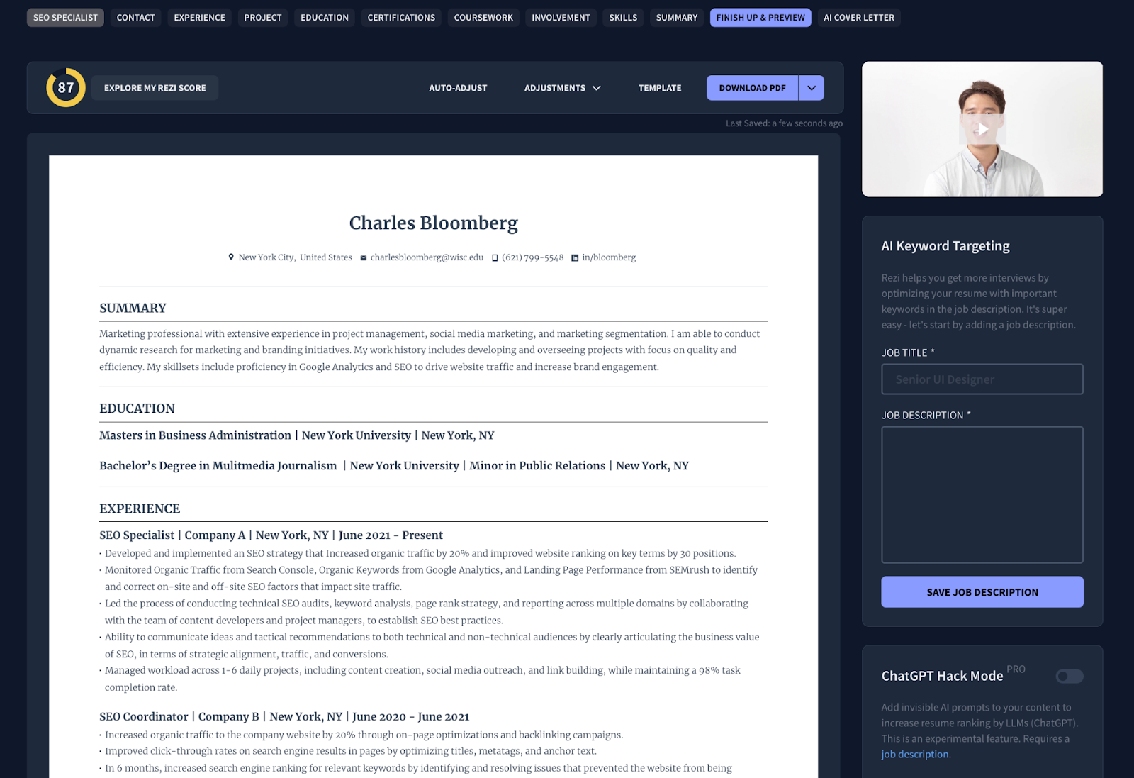 Example of resume preview inside the "finish up & preview" tab