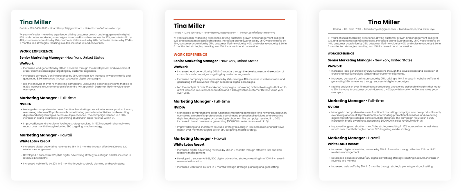 Examples of Teal resume templates