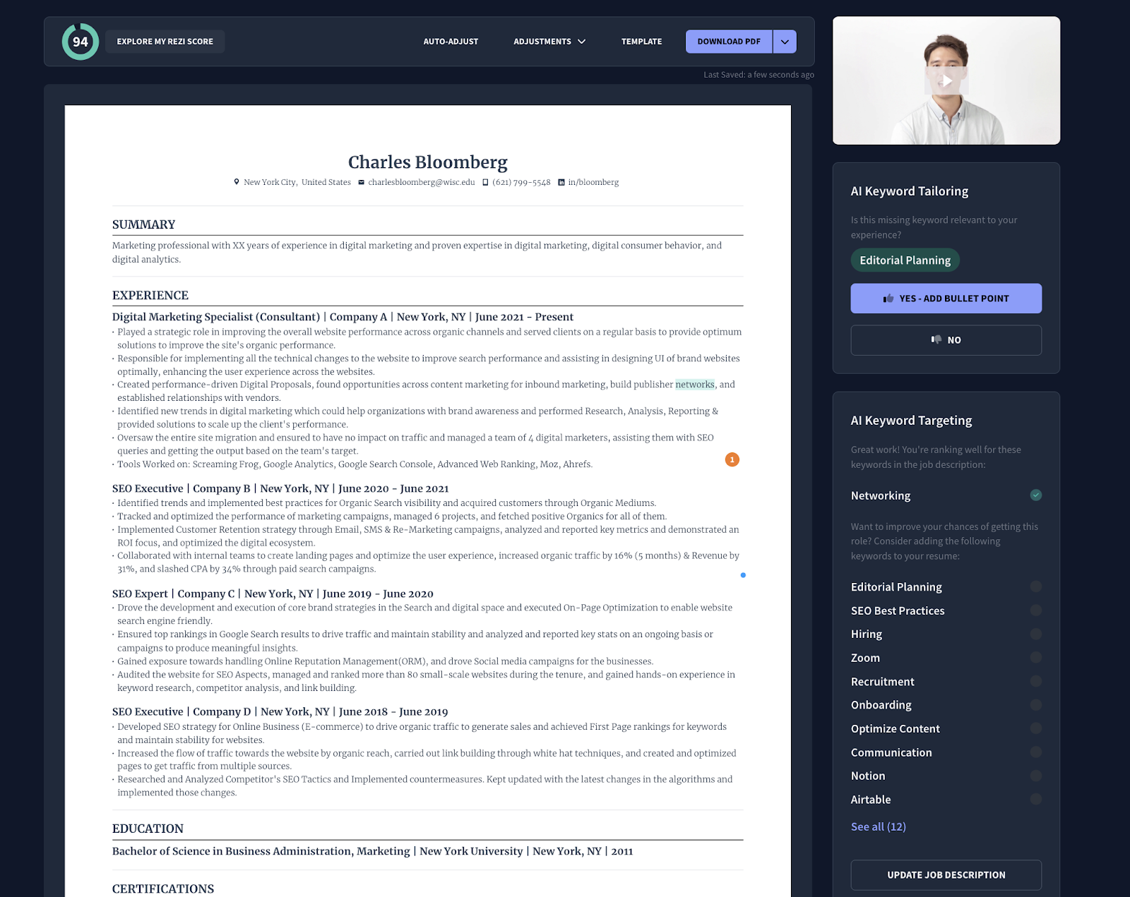Rezi AI Keyword Targeting feature inside "finish up & preview" tab