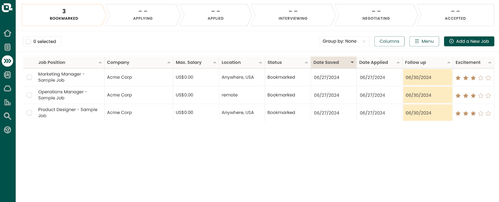 Example of using Teal's job application tracker
