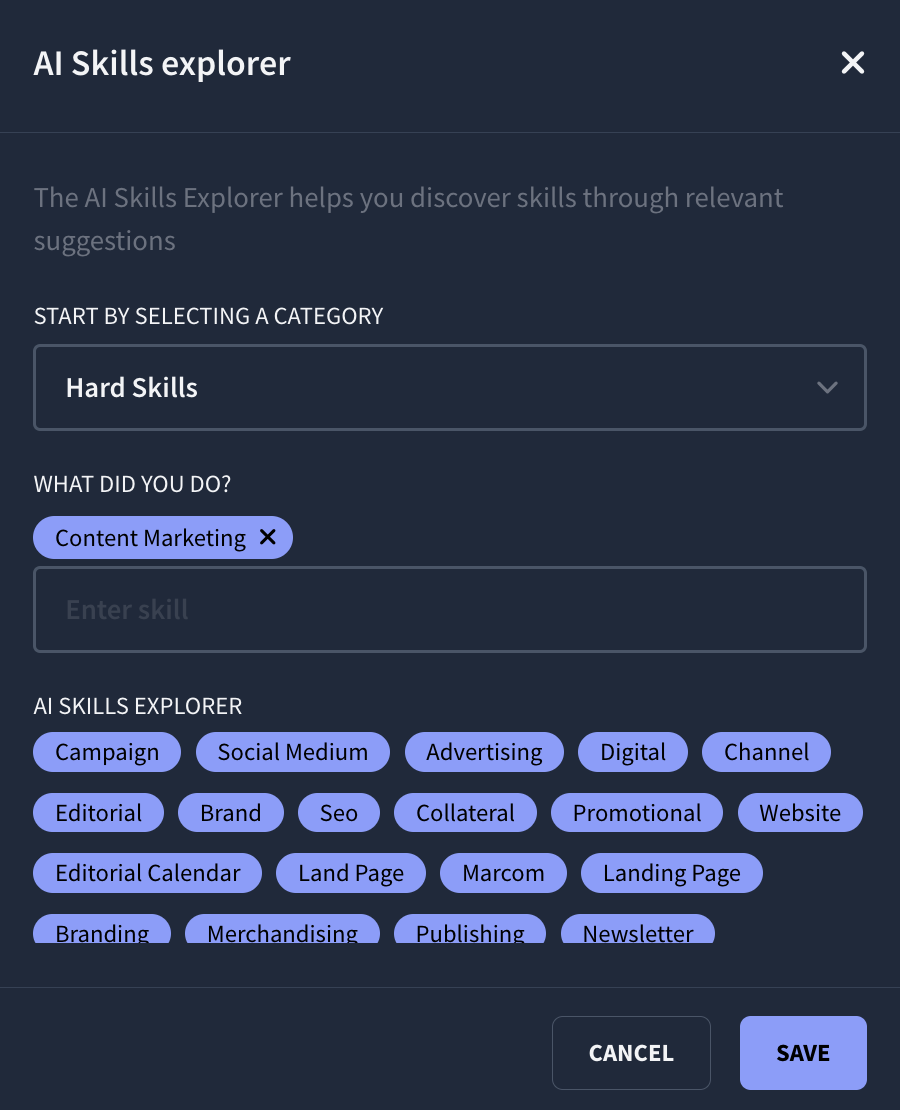 Example of using Rezi AI Skills Explorer to find relevant content marketing skills