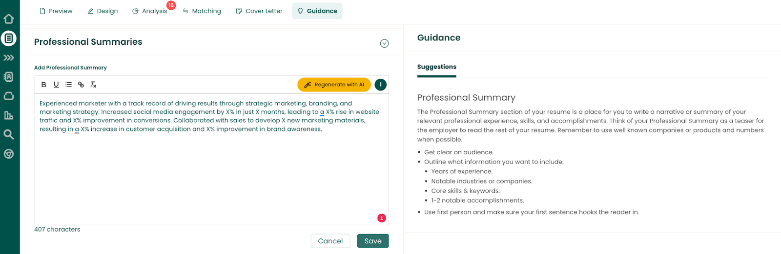 Example of using Teal's resume summary generator feature