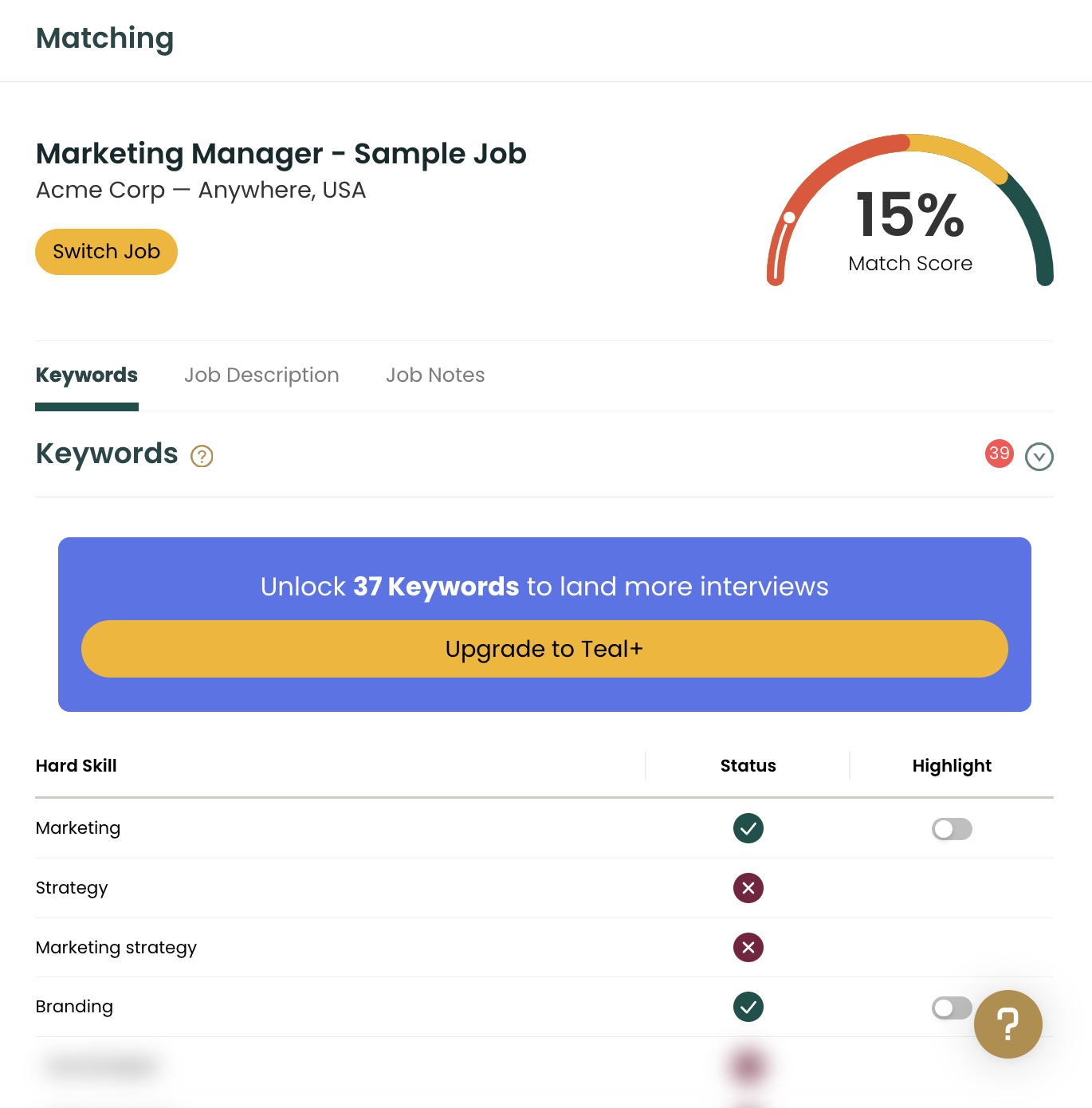 Example of using Teal to find resume keywords