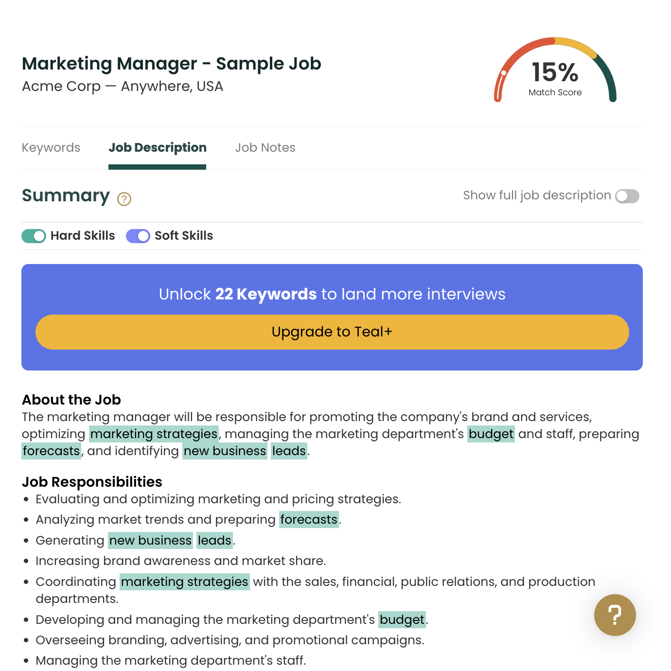 Example of using Teal to scan the job description for keywords