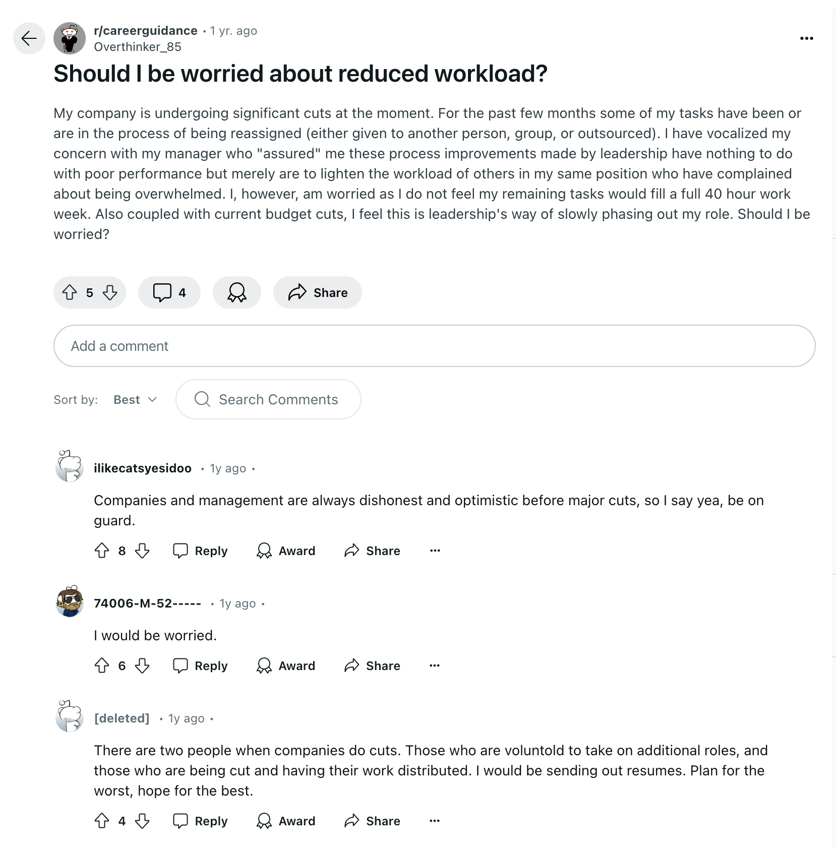 Reddit thread discussing whether you should be worried about reduced workload when a company is undergoing significant budget cuts