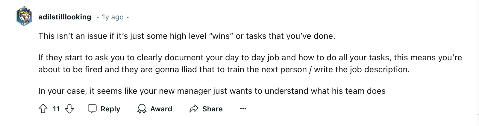 Reddit thread response discussing whether it's a red flag if a new manager asks you to document your work