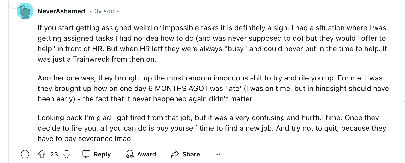 Reddit thread comment sharing personal experience on being assigned impossible tasks and how it's a sign of getting fired
