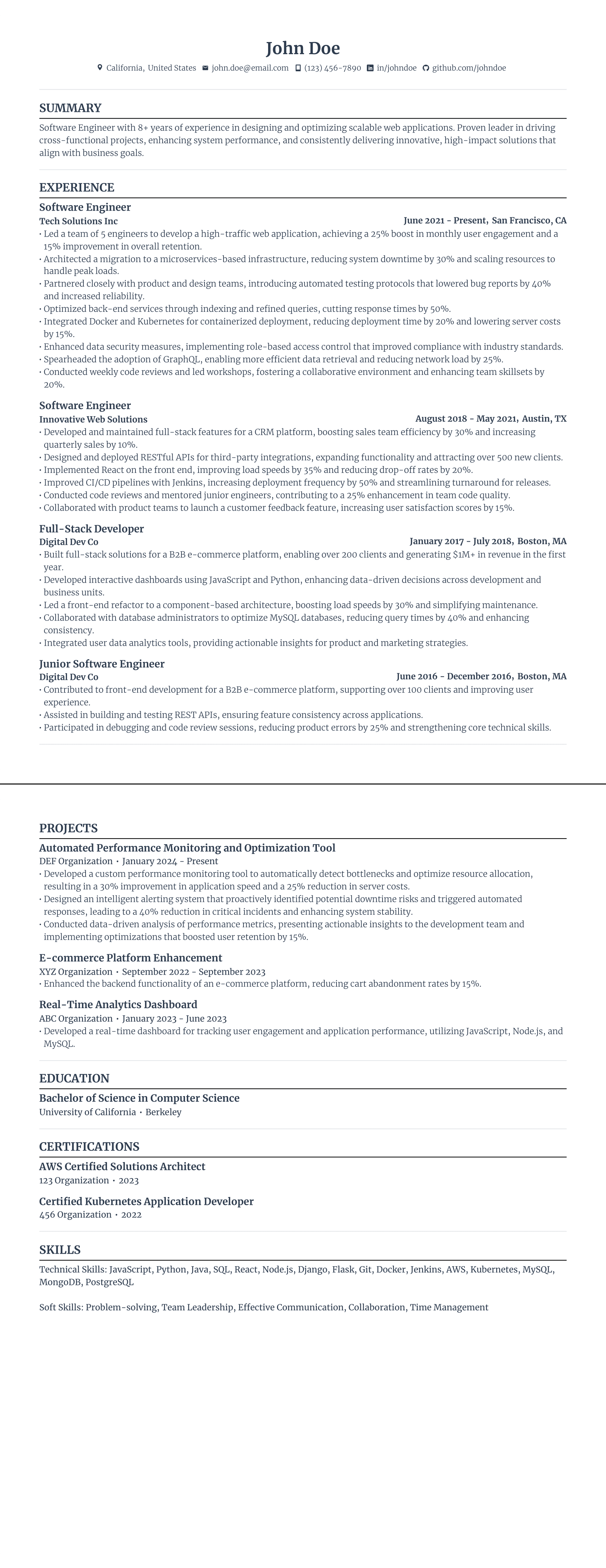 Senior software engineer two-page resume example