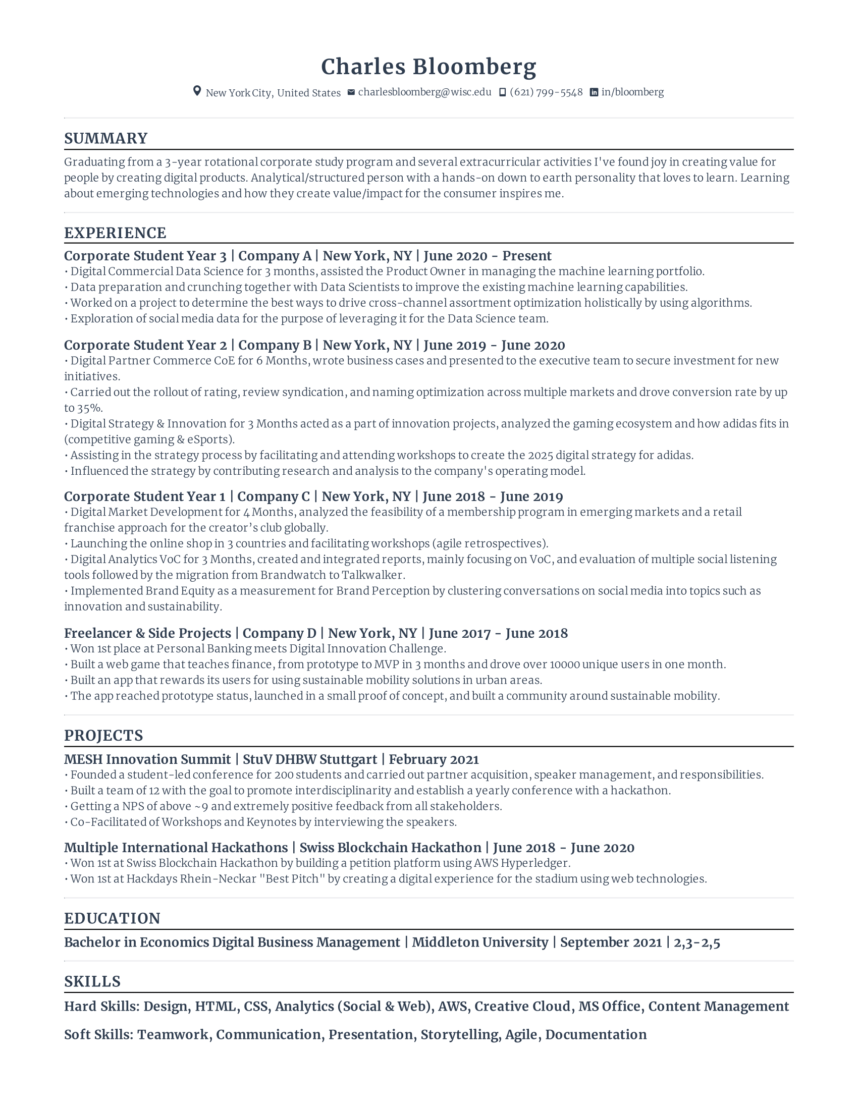 Corporate Rotational Graduate Resume Example with entry level experience