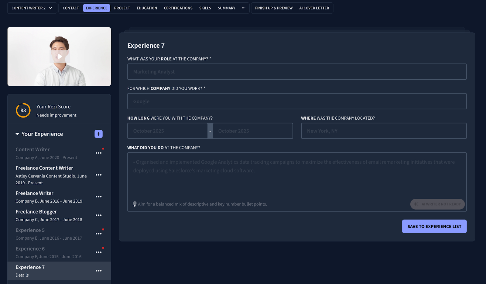 rezi resume experience sections.