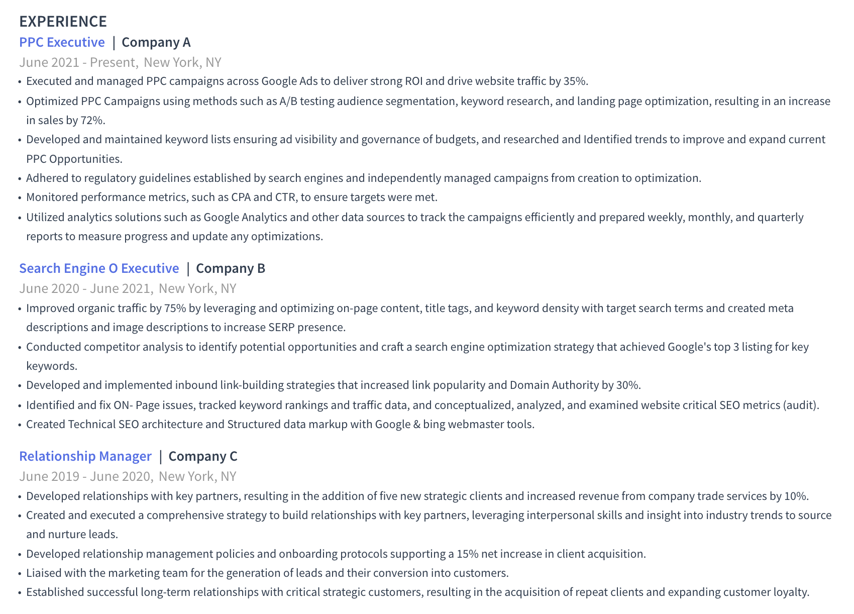 PPC executive resume work experience section