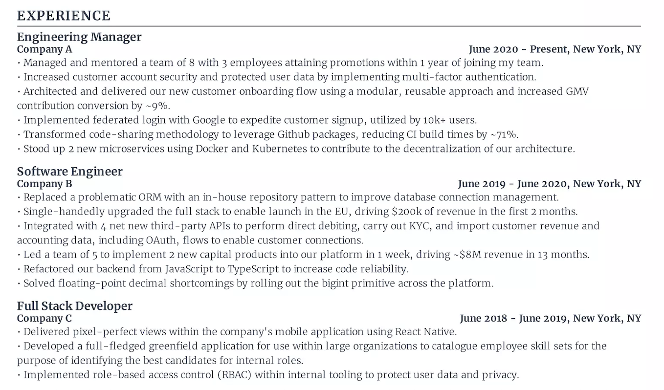 Software engineering manager work experience section