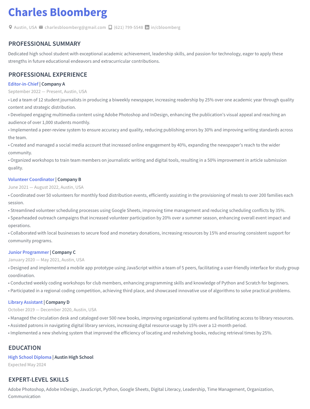 Resume Template for High School Students
