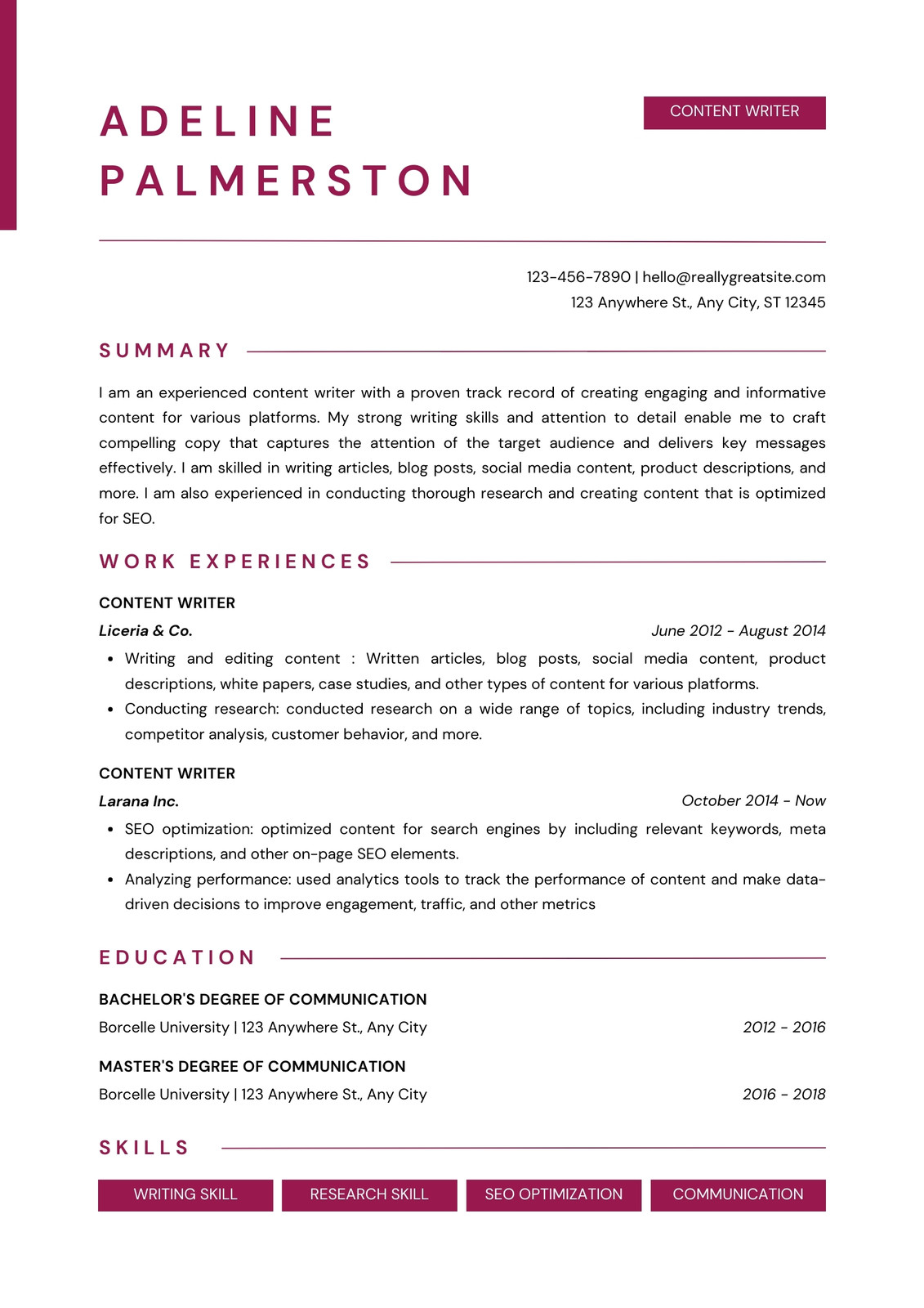 White burgundy resume template 