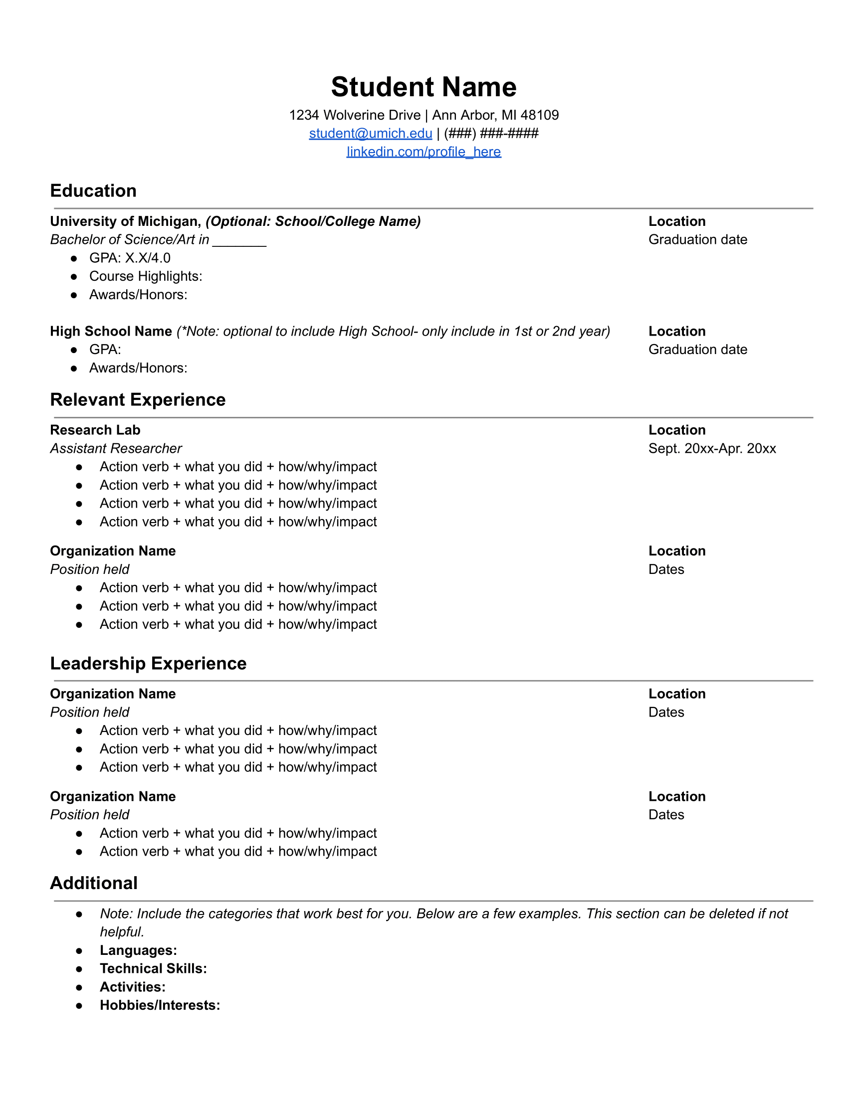University of Michigan Resume Template