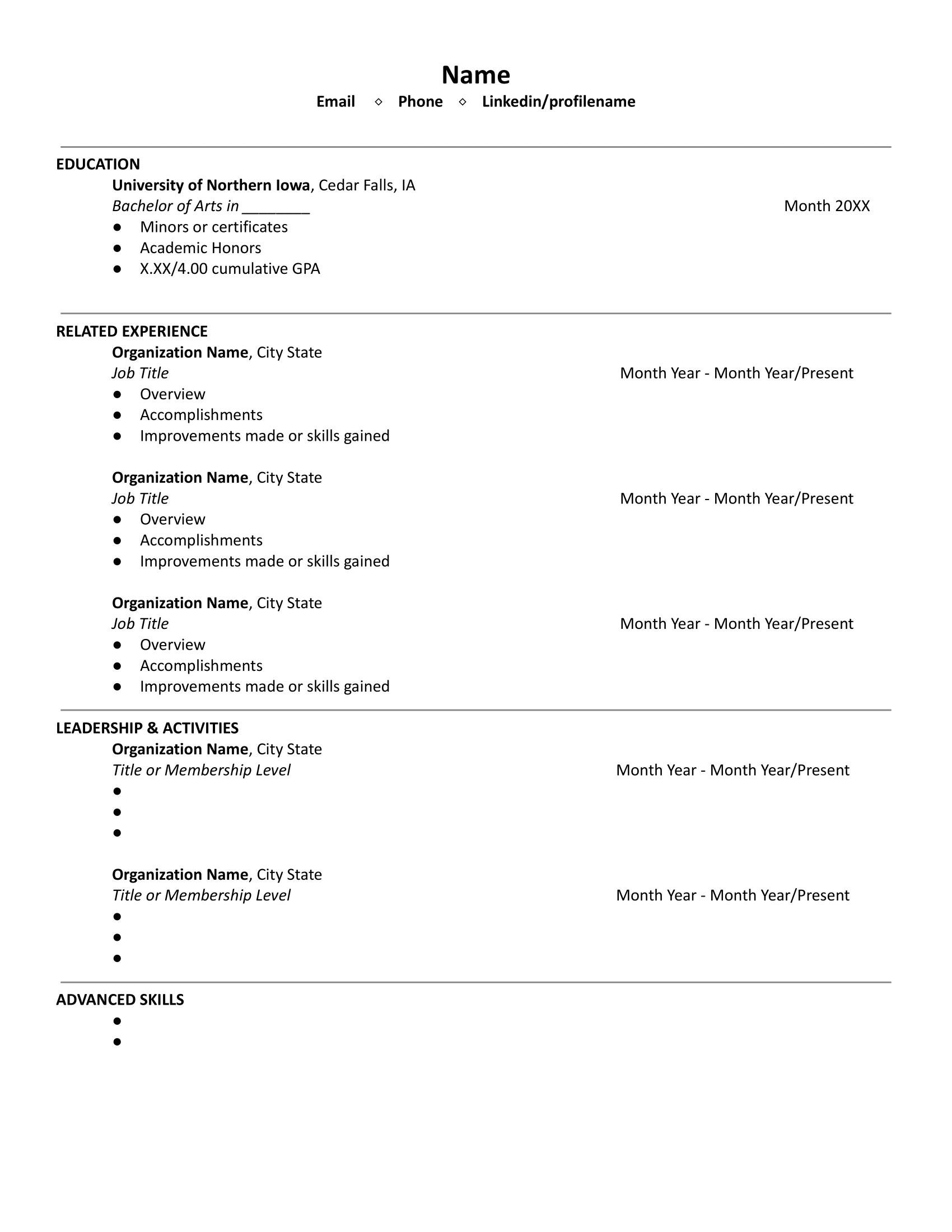 The University of Northern Iowa Resume Template