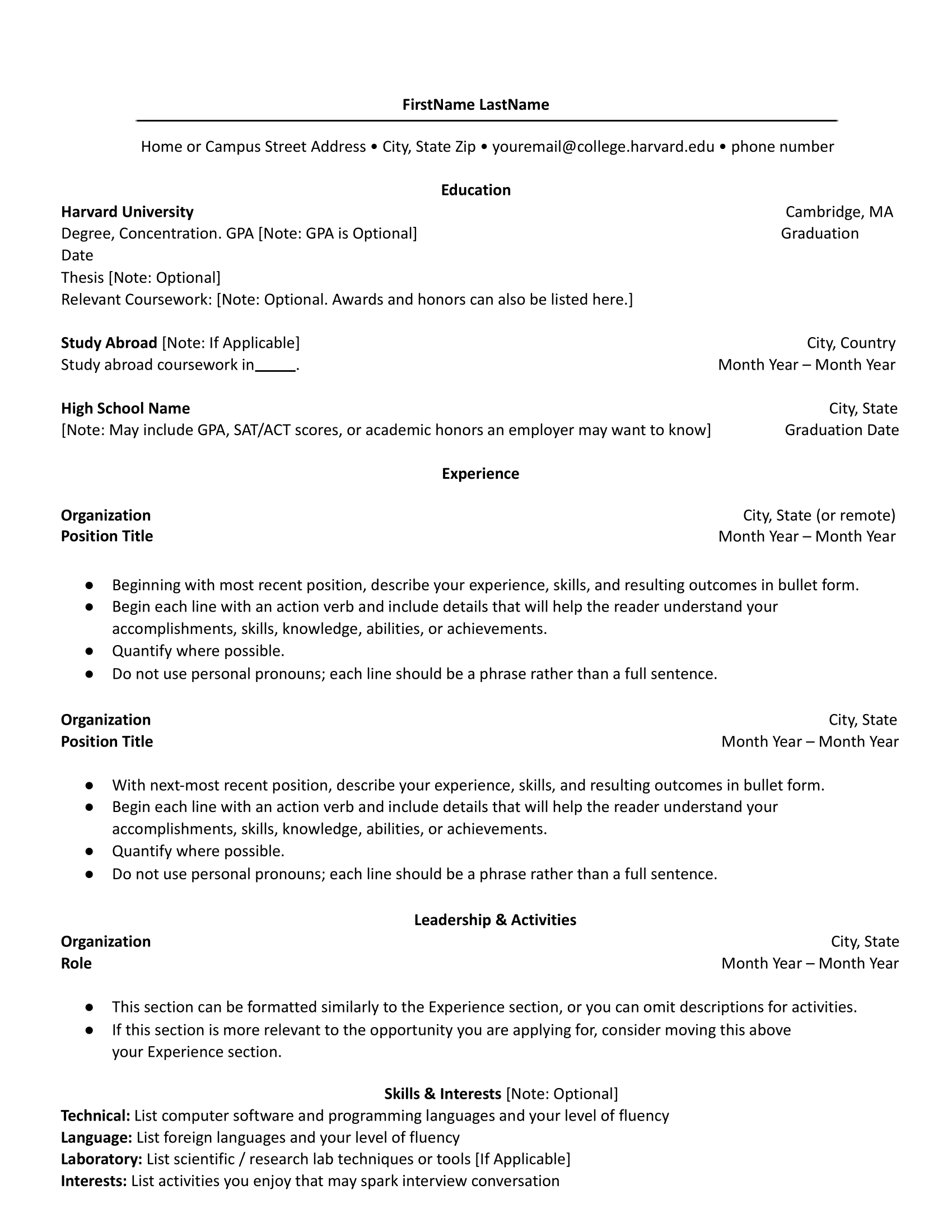 Harvard University Resume Template