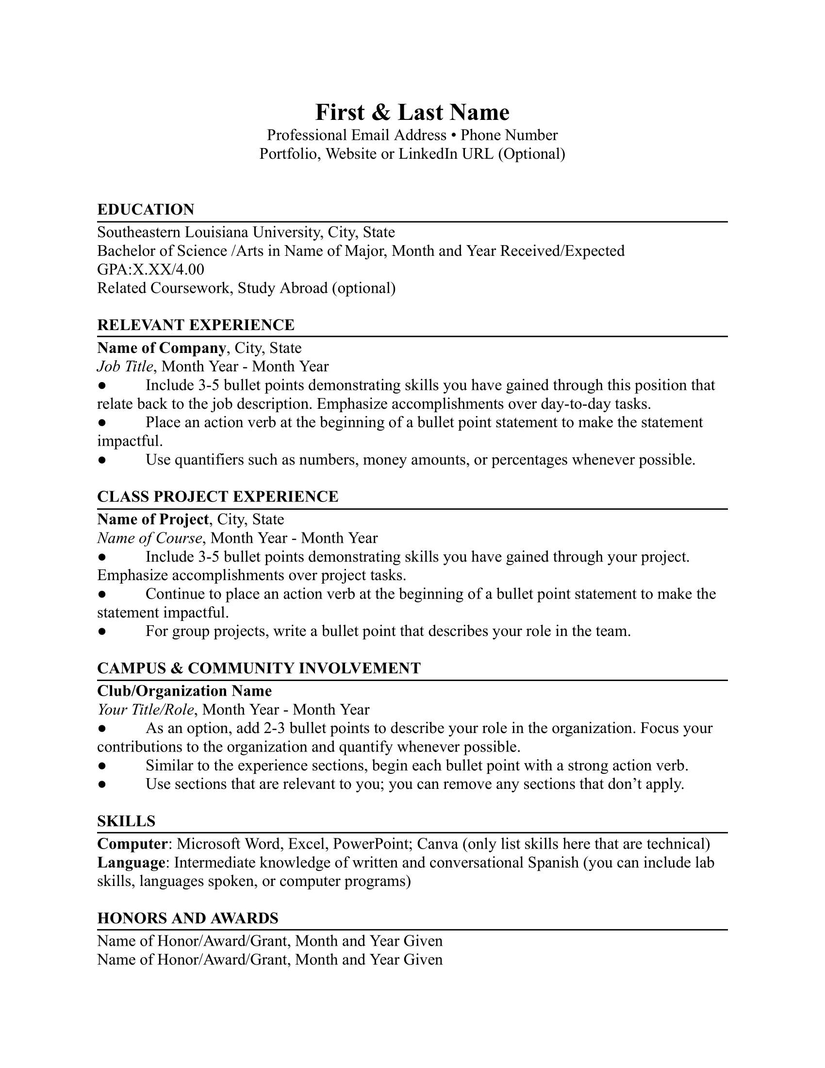 Southern Louisiana University Resume Template