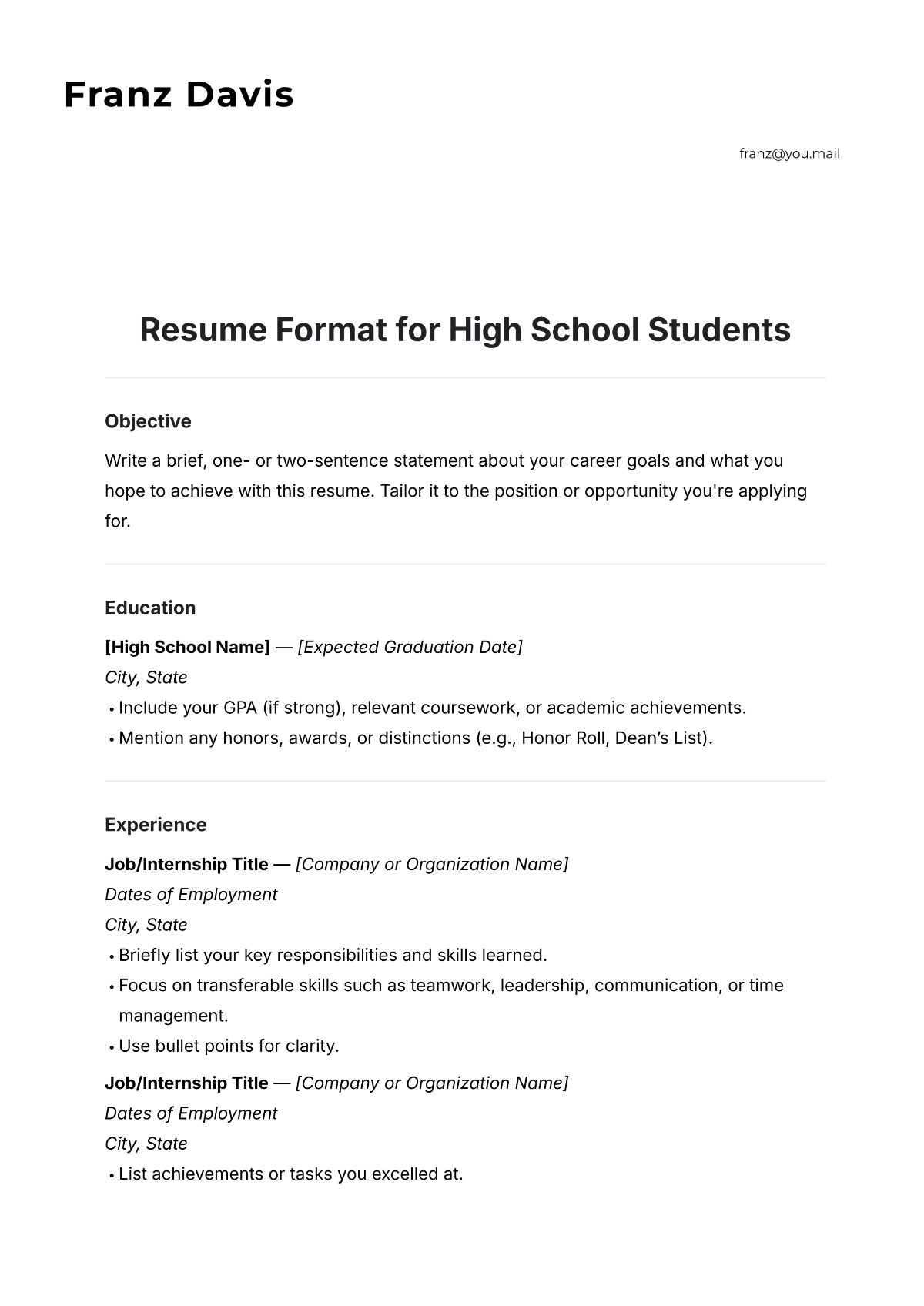High School Student Resume Template