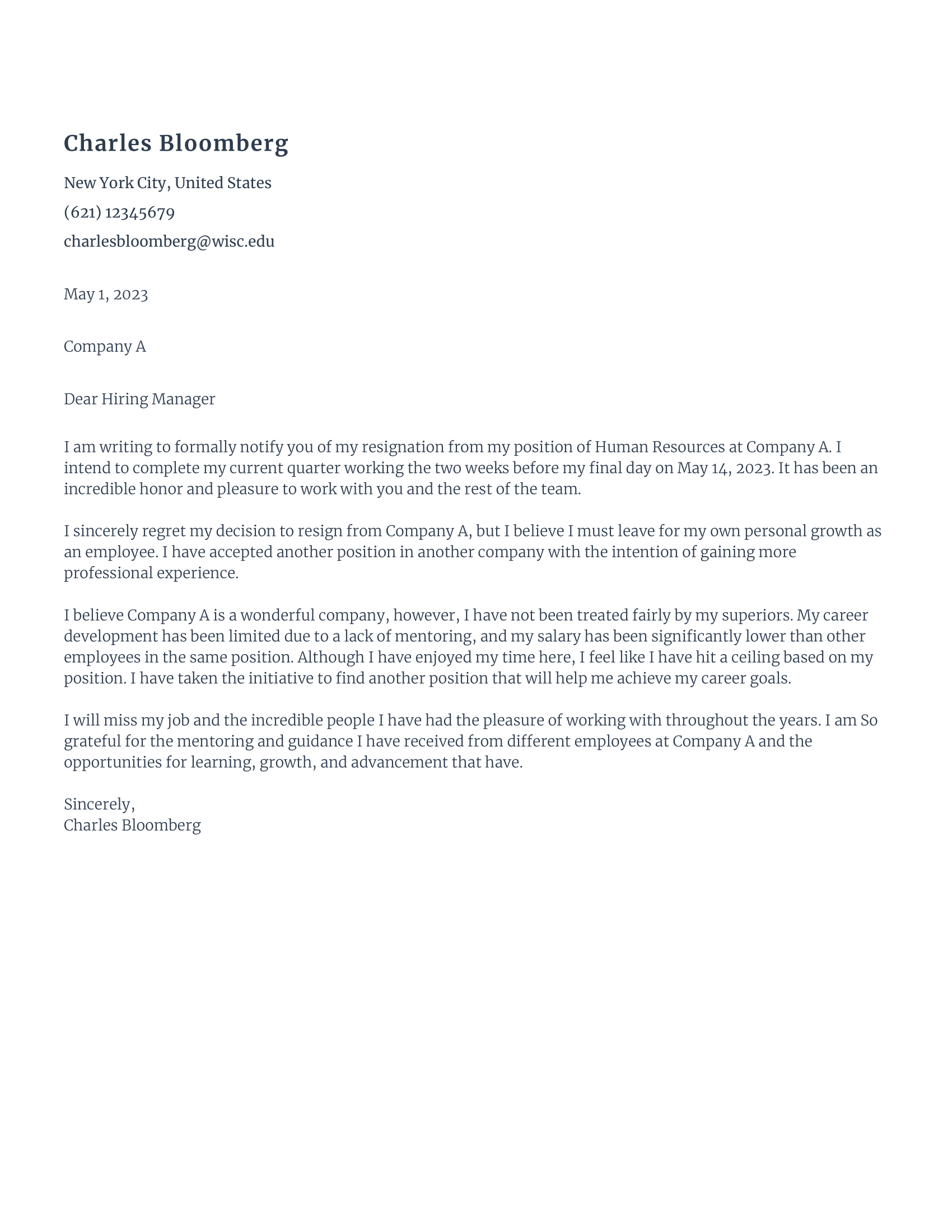 Unfair Treatment Resignation Letter