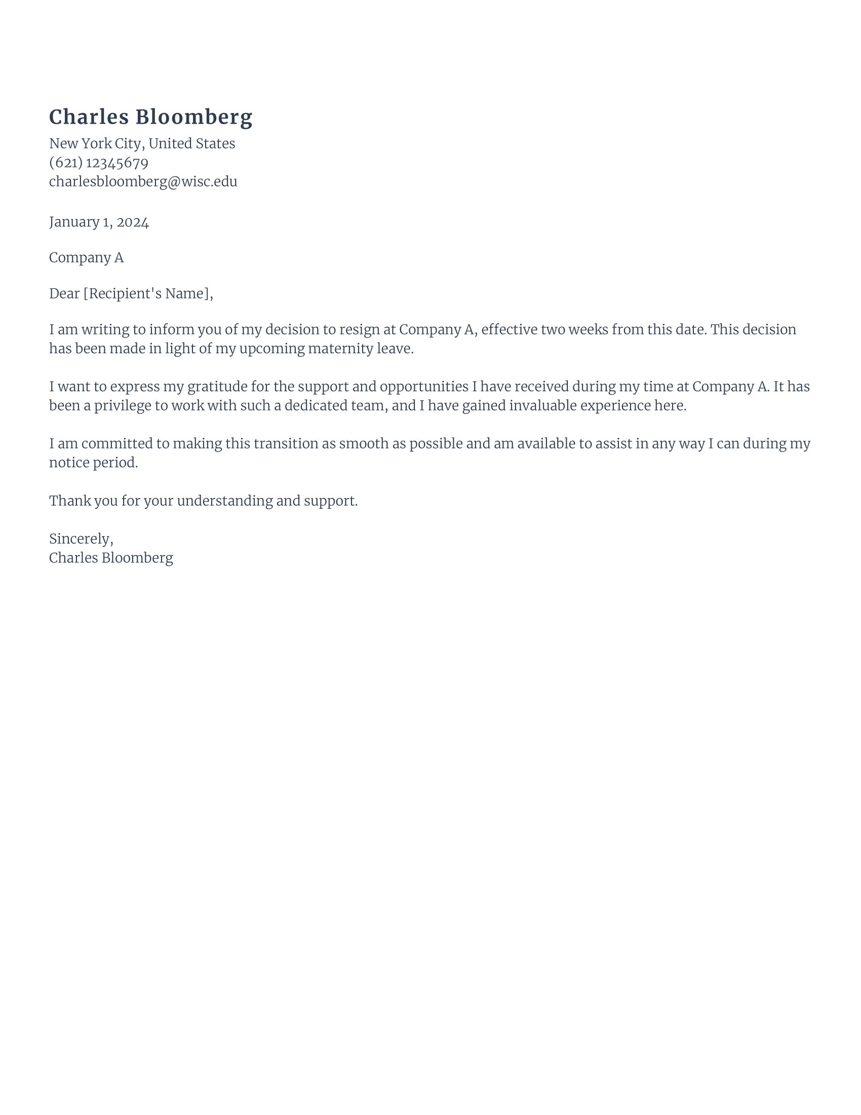 Maternity leave Resignation Letter 