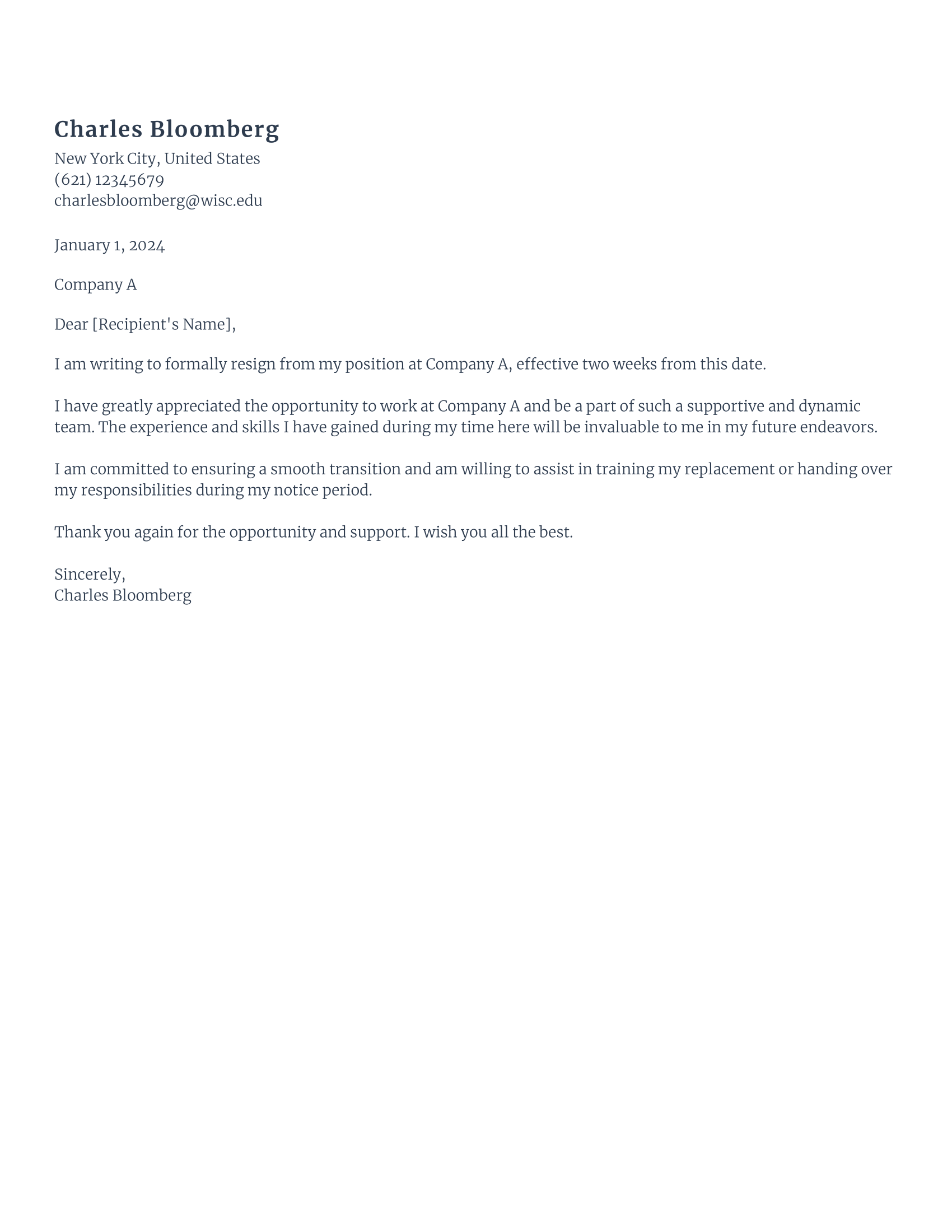 Professional resignation letter example