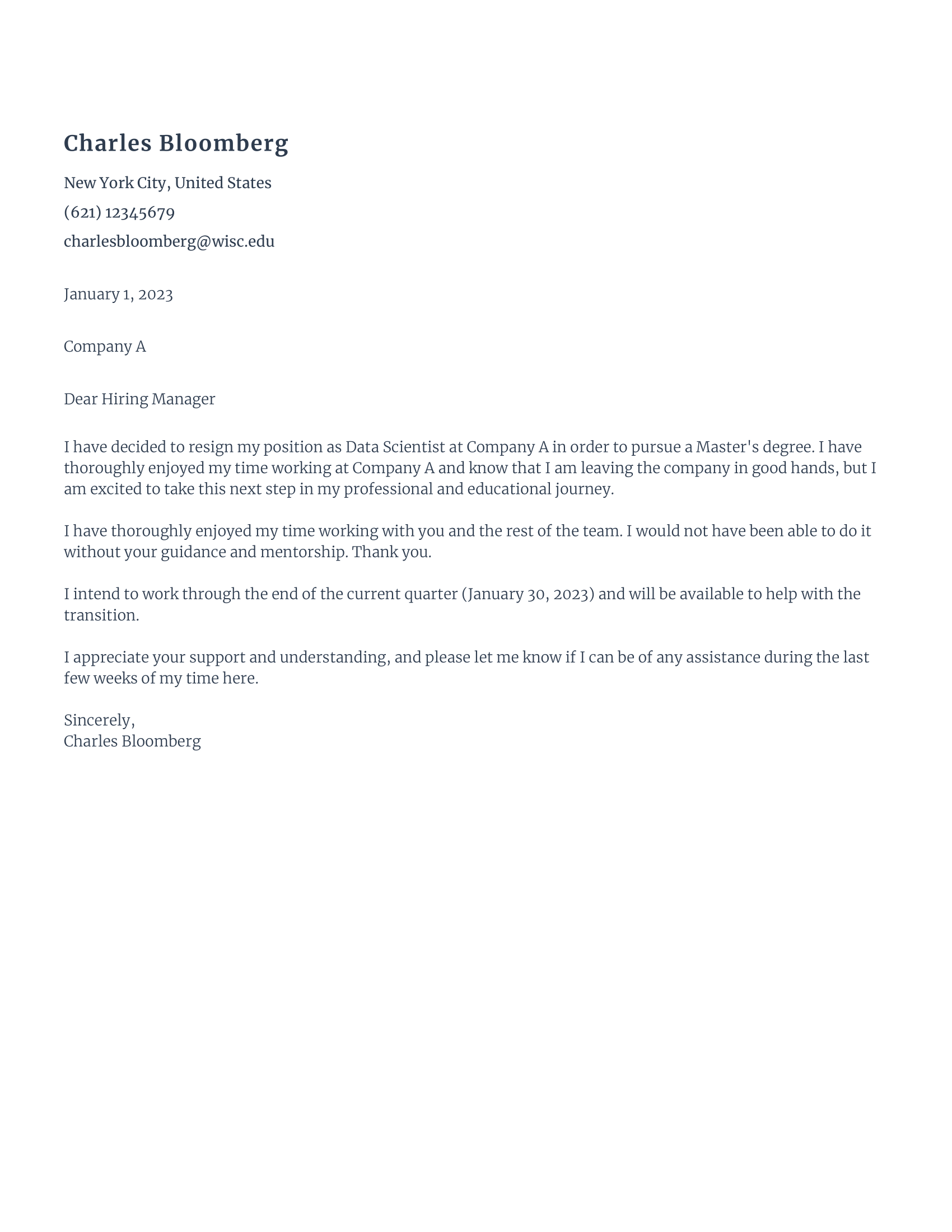 Master’s Degree Resignation Letter