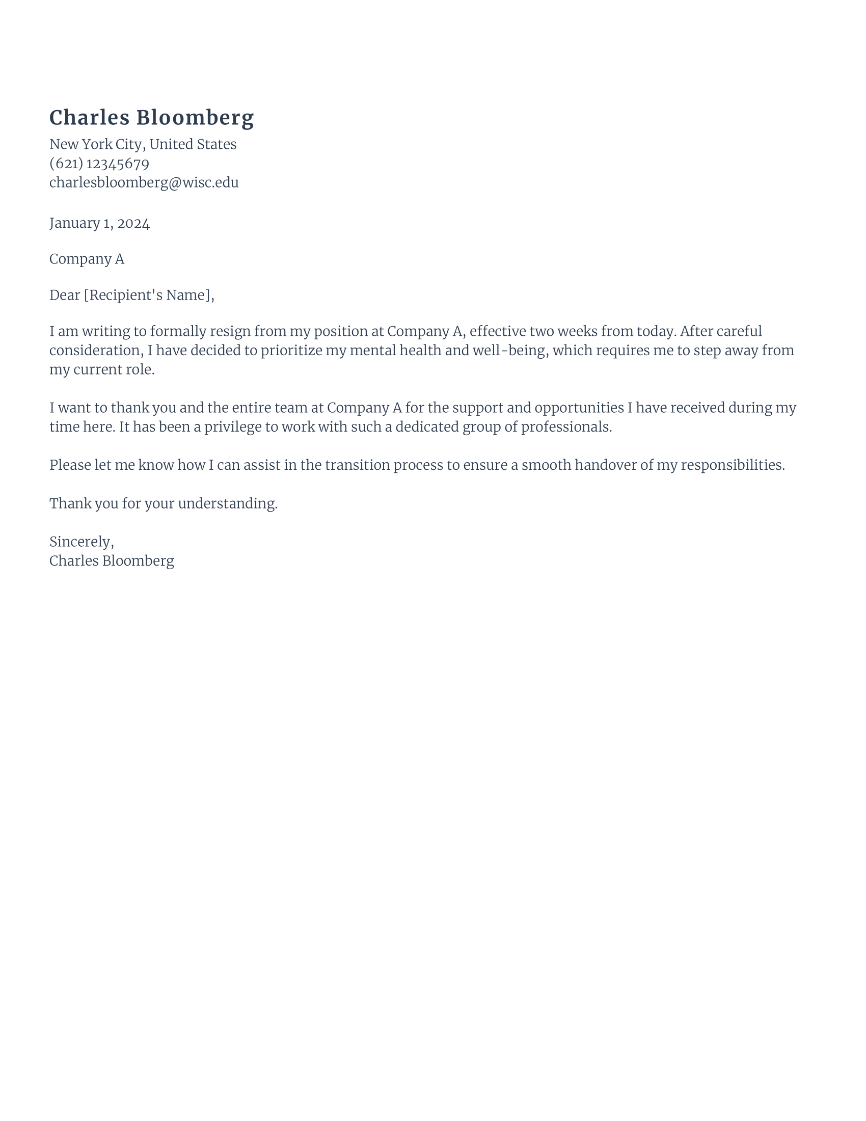 Mental health Resignation Letter 