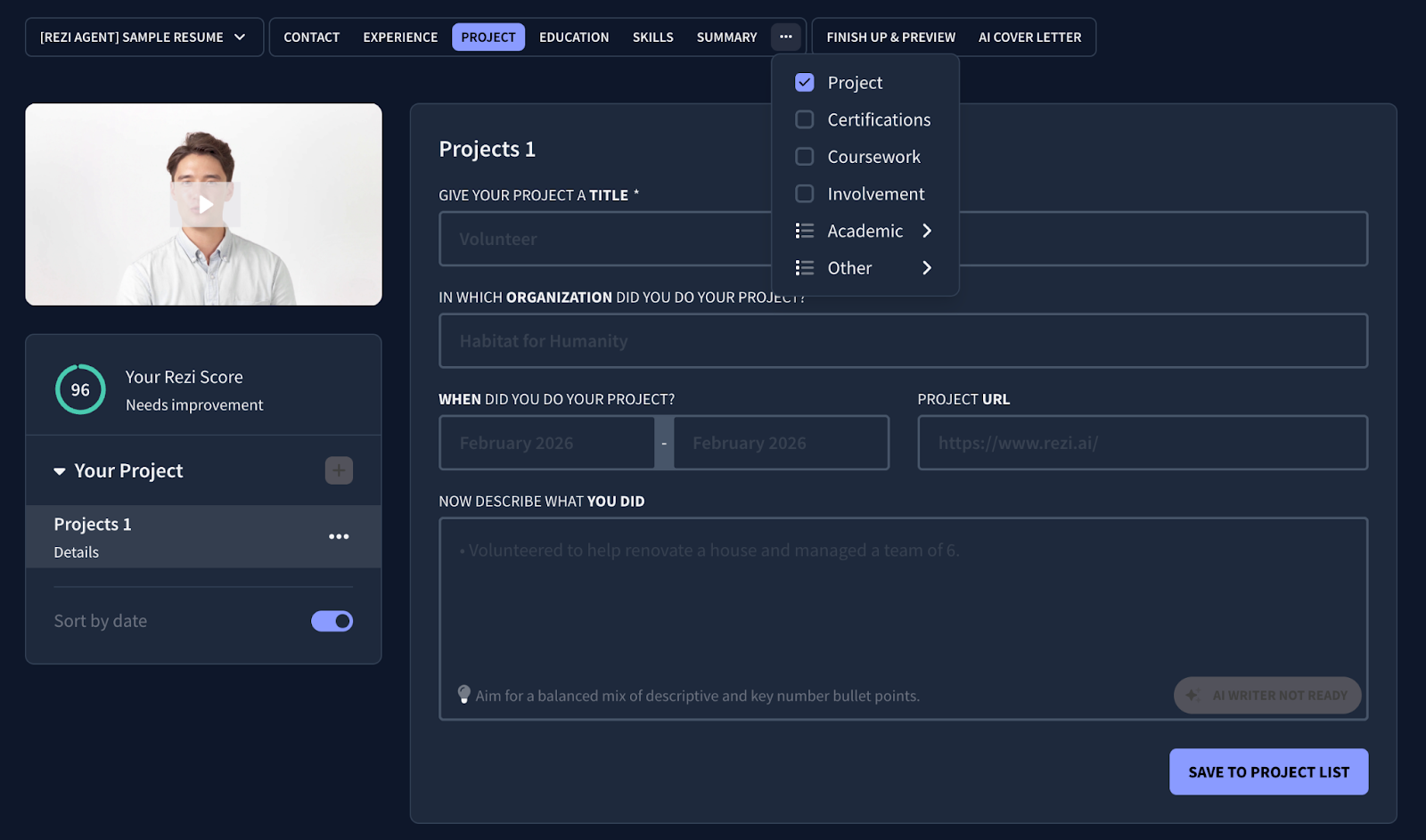 Projects section