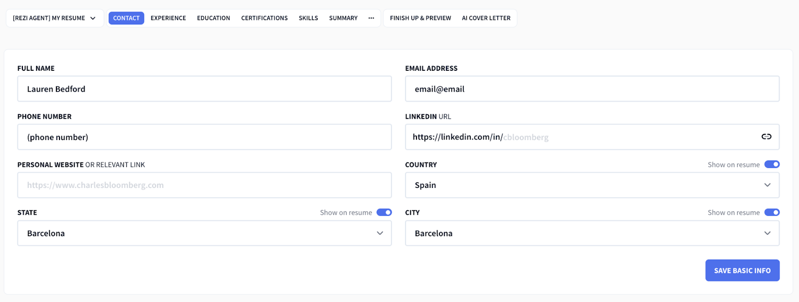 Rezi resume sections