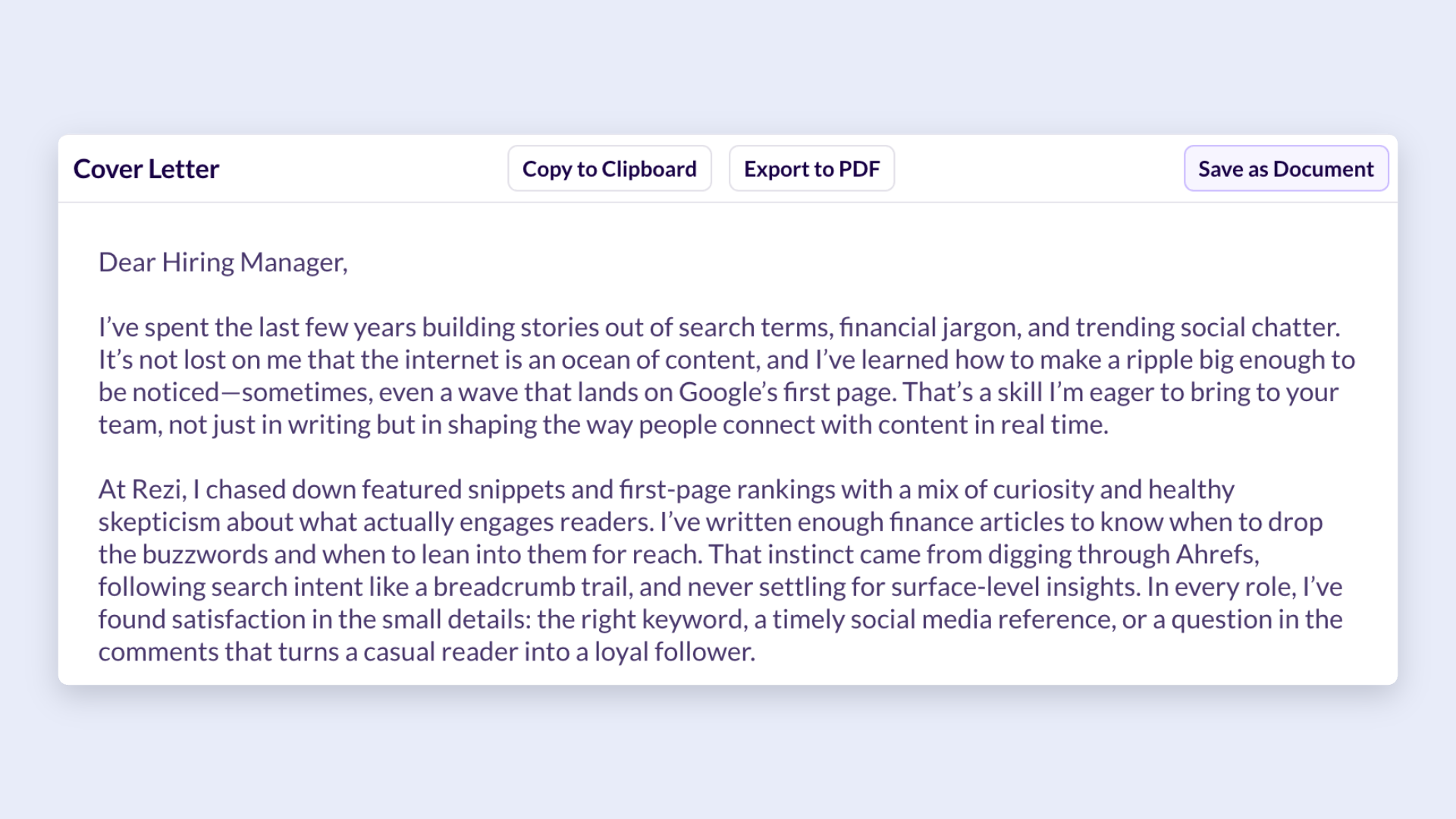 Huntr AI cover letter