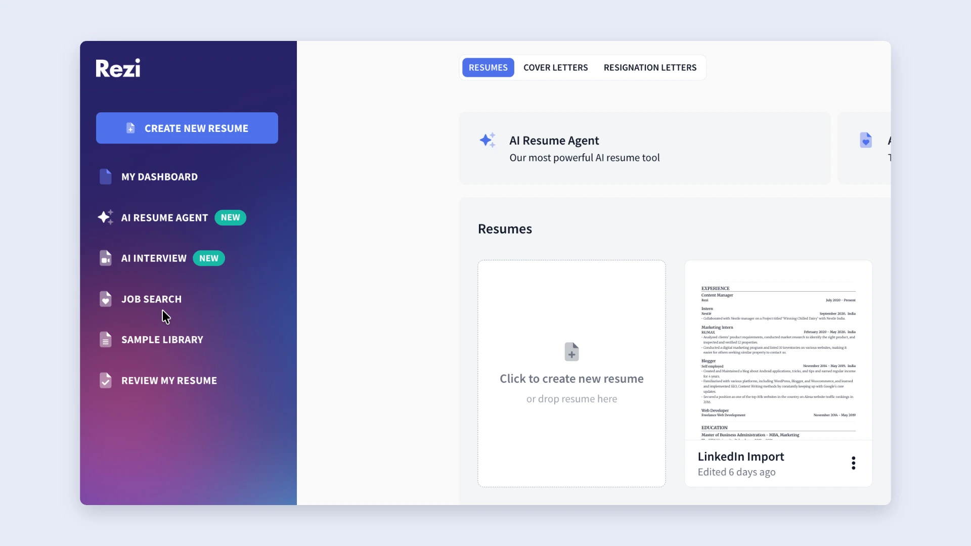 job search in rezi dashboard